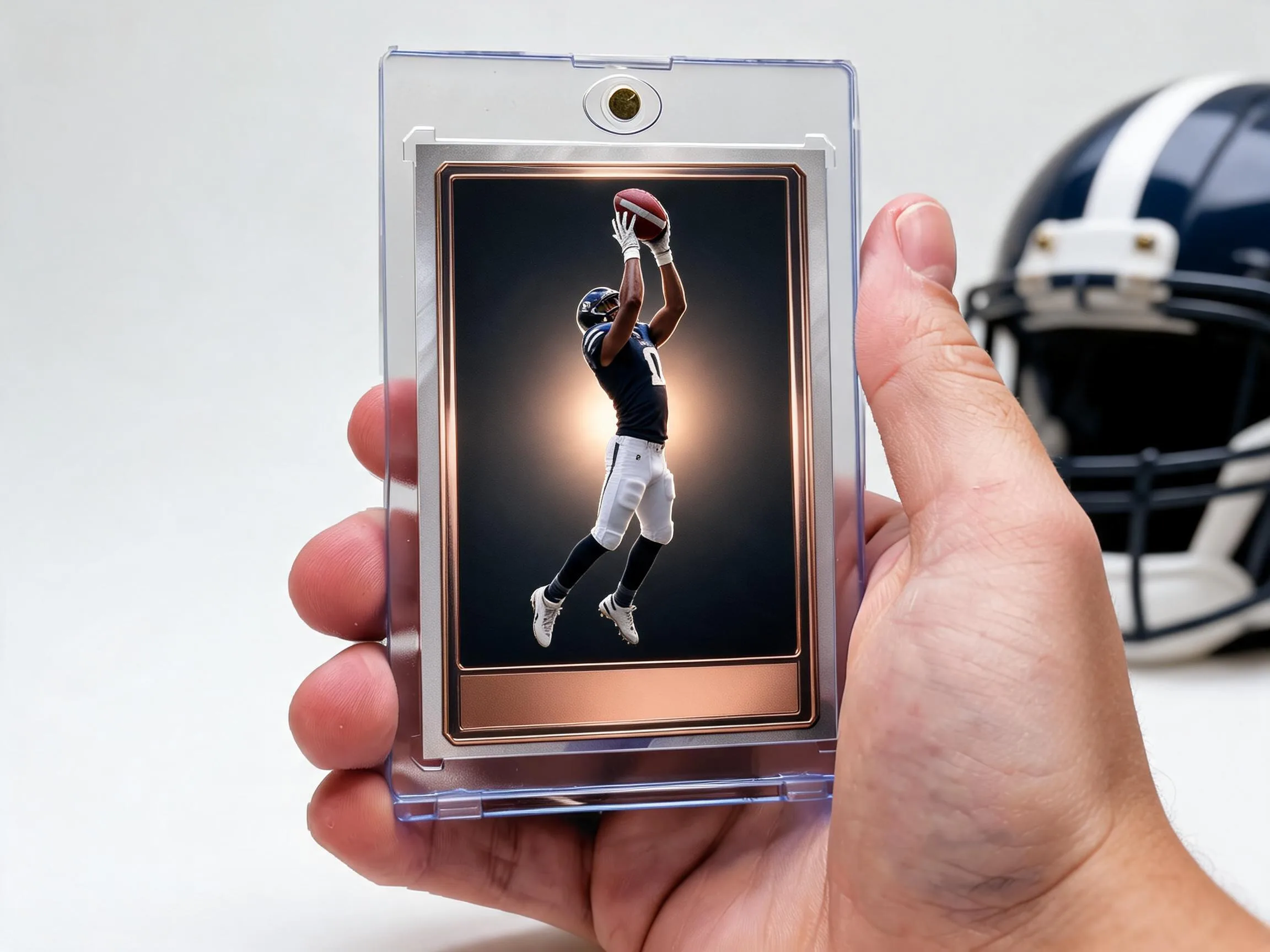 Custom football trading card in clear magnetic case, stadium-night design, white tabletop.