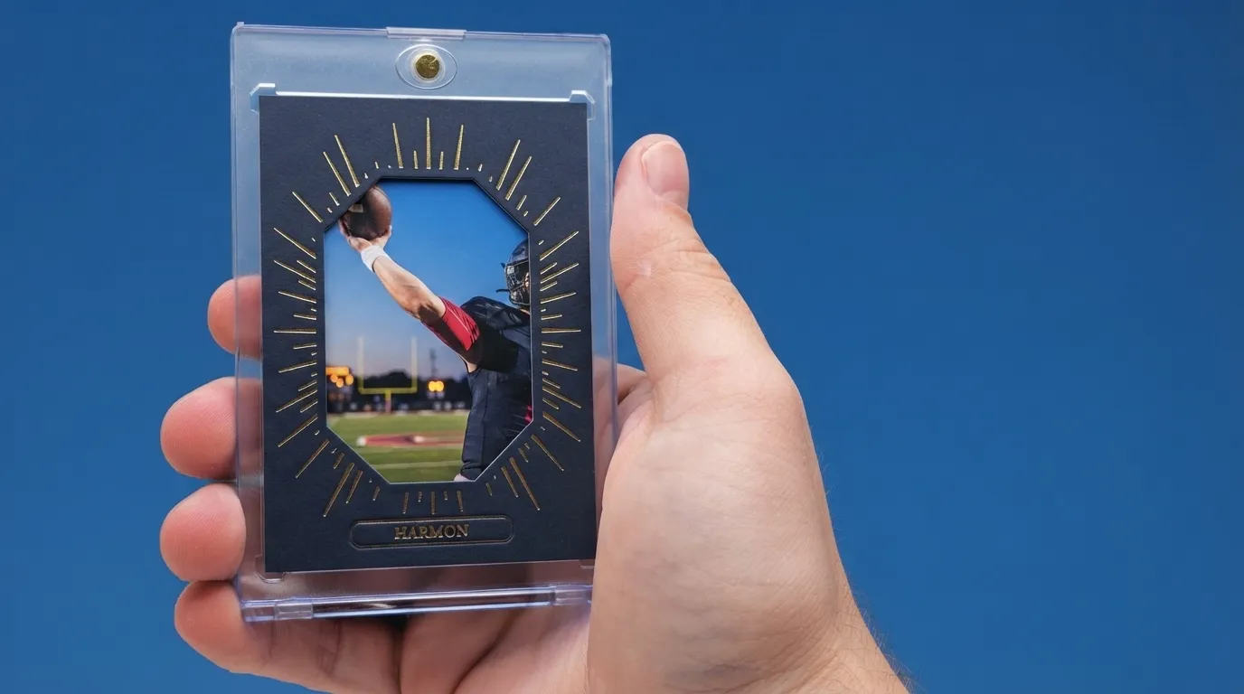 Hand holding fantasy football gifts trading card in magnetic case, gold foil spotlight design.