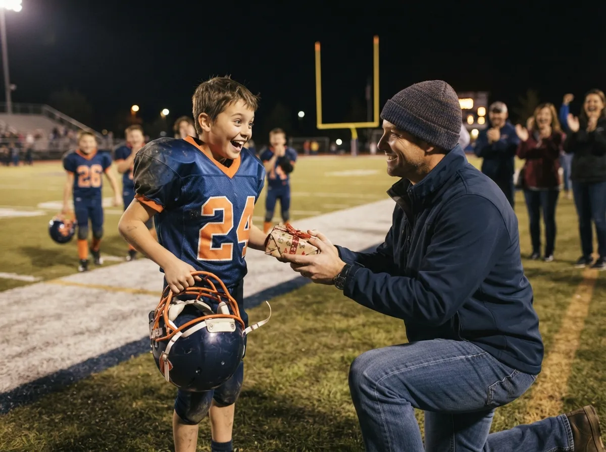 Father surprises son with a gift on a floodlit football field at night.
