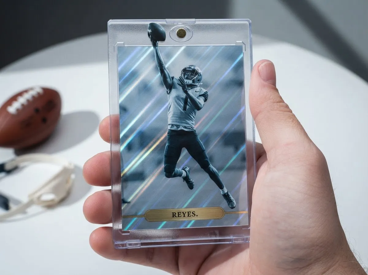 Custom football trading card in magnetic case, chrome refractor receiver design on tabletop.