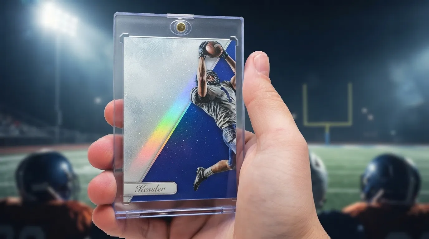 Hand holding magnetic case with icy blue fantasy football trophy trading card under stadium lights.