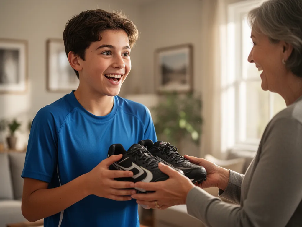 Young athlete smiling while receiving sports gift from parent in intimate home setting moment