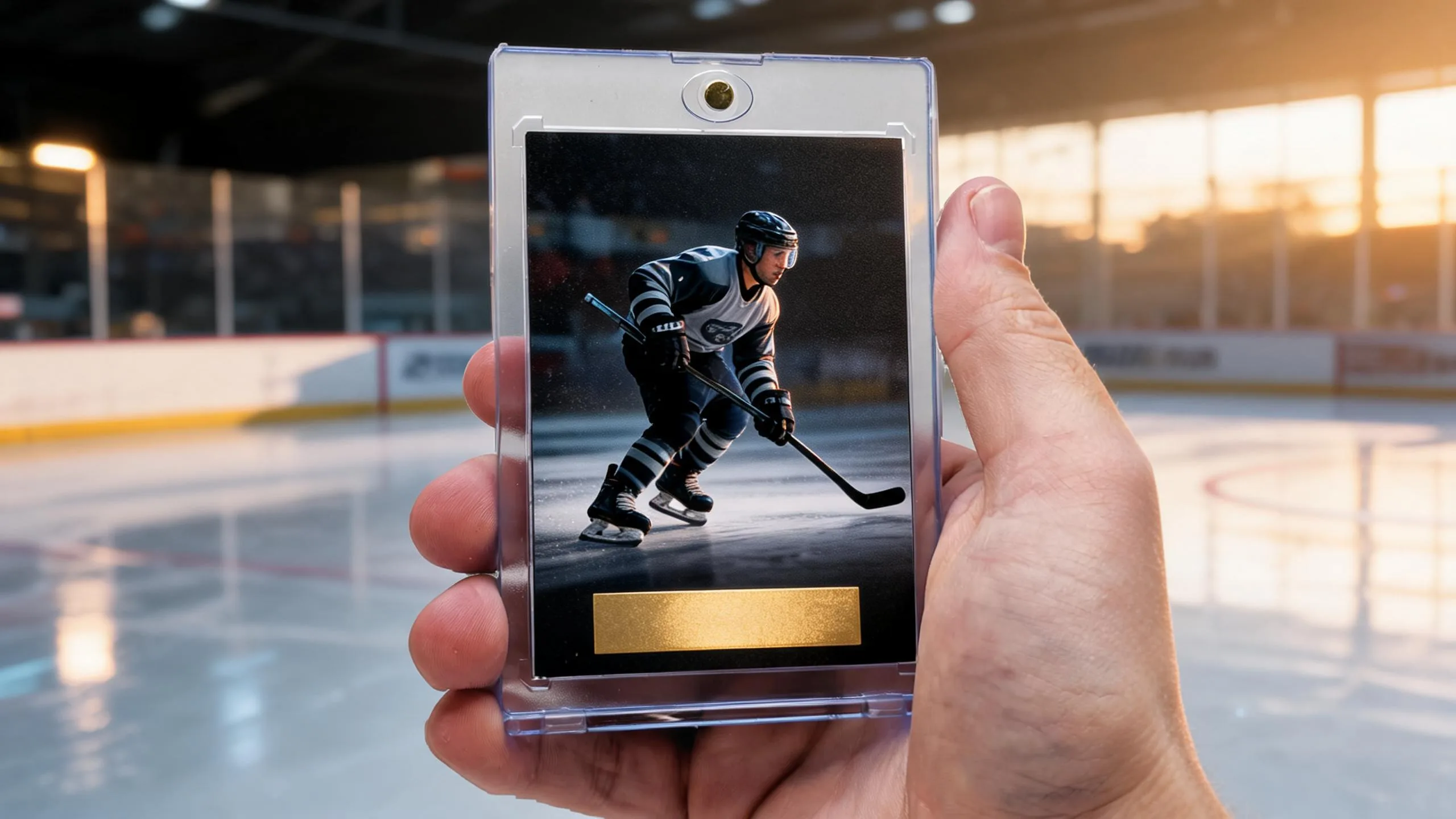 Hand holding magnetic case with custom hockey card for fargo hockey tournament this weekend.