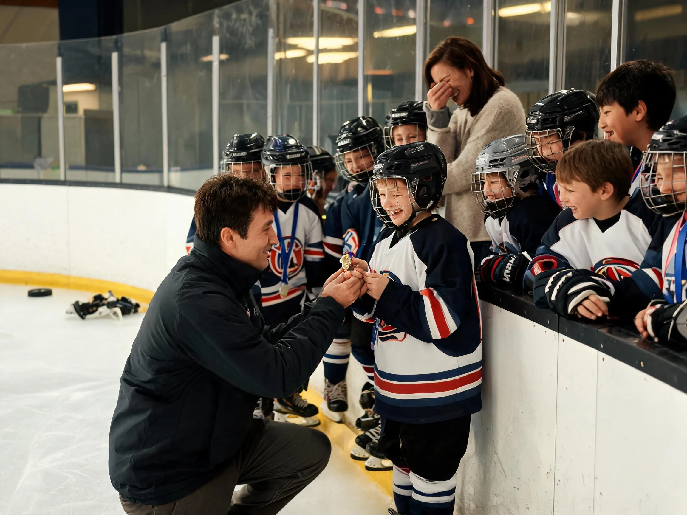 Coach and young hockey player share a proud, emotional moment rinkside with team.