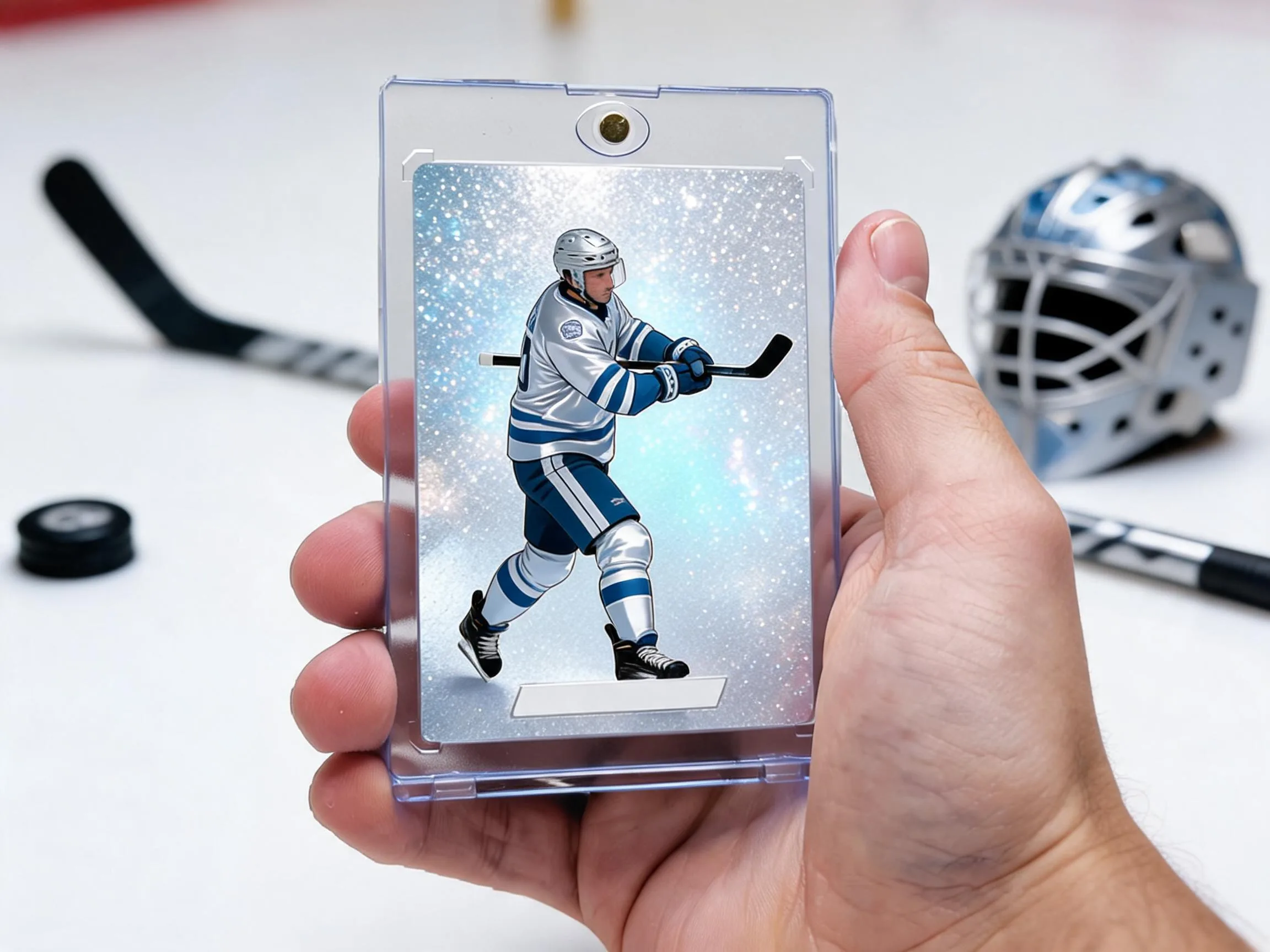 Custom hockey trading card in clear magnetic case standing on white tabletop display.