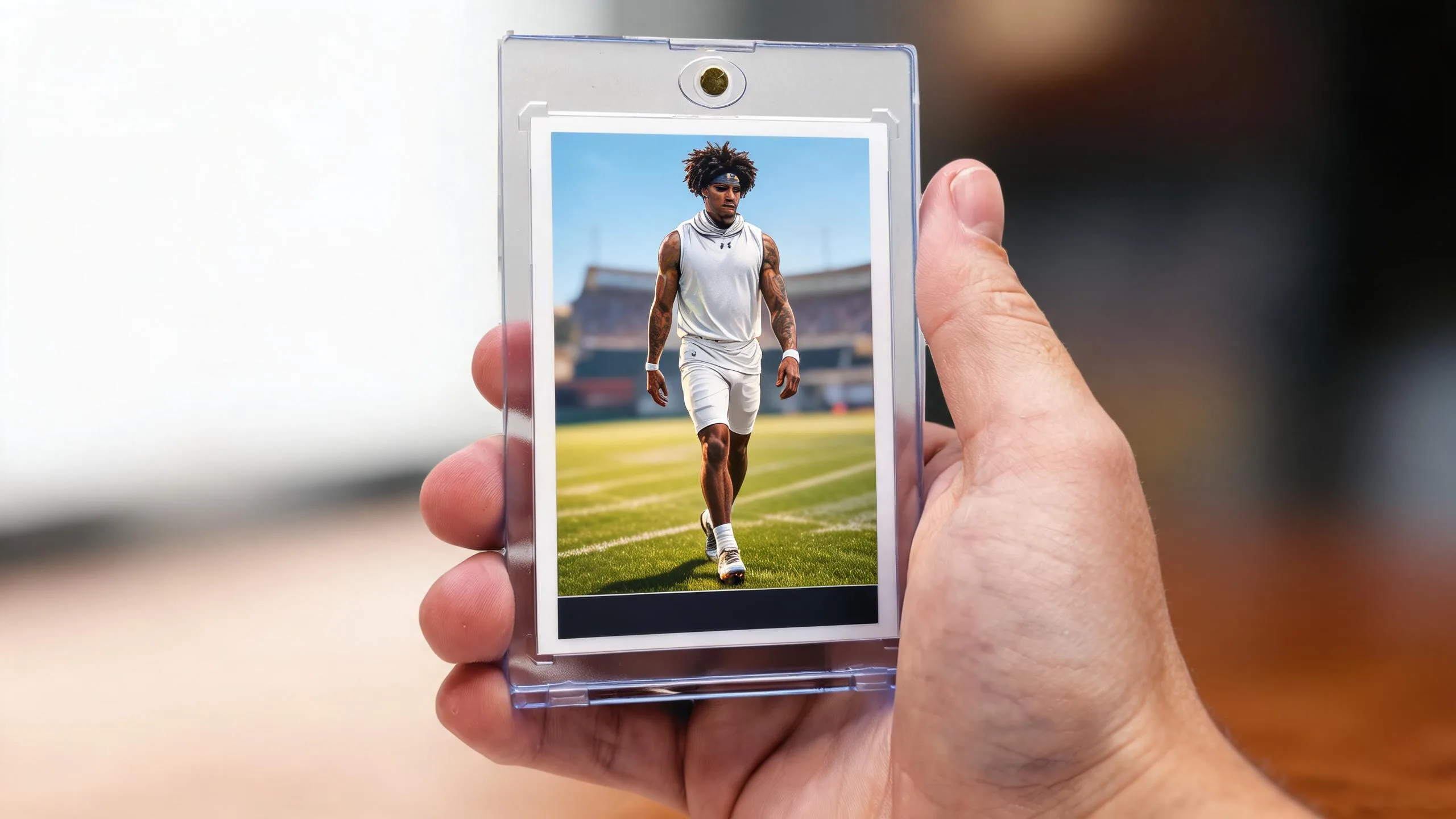 Hand holding fast trophies magnetic case with a sunlit athlete keepsake trading card inside.