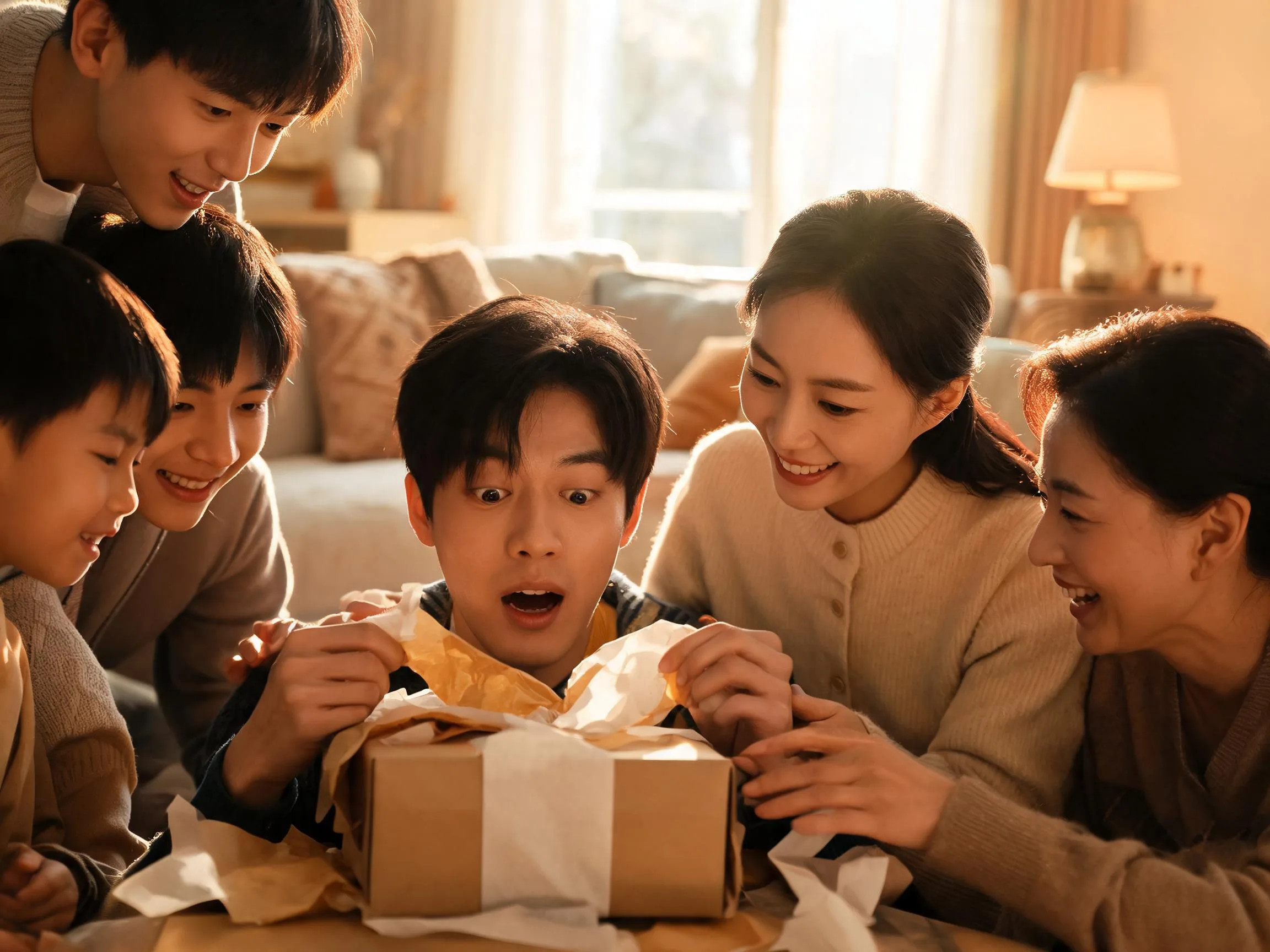 Family sharing a joyful surprise moment while unwrapping a gift together indoors.