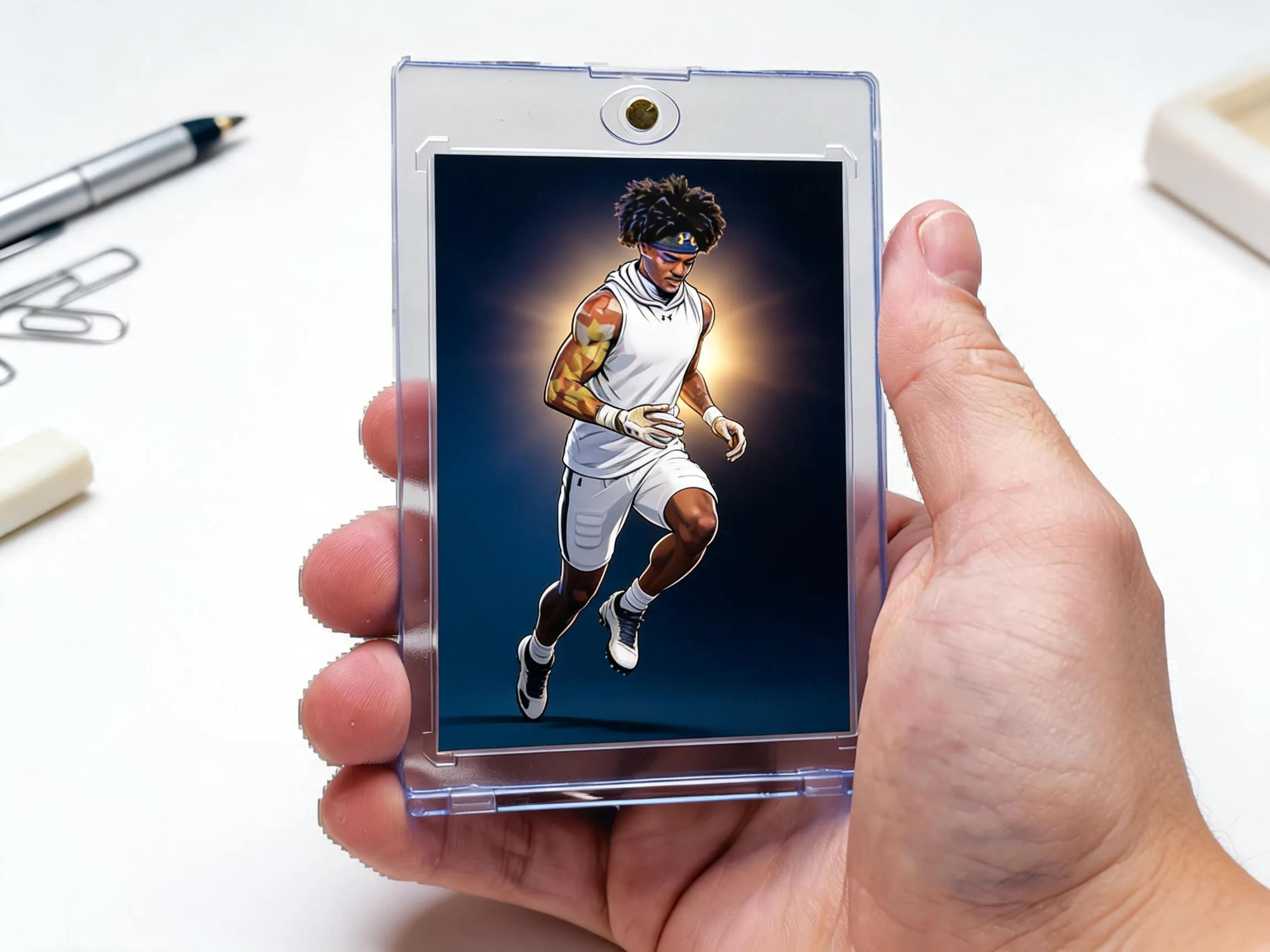 Custom keepsake trading card in a magnetic case displayed on a white tabletop.