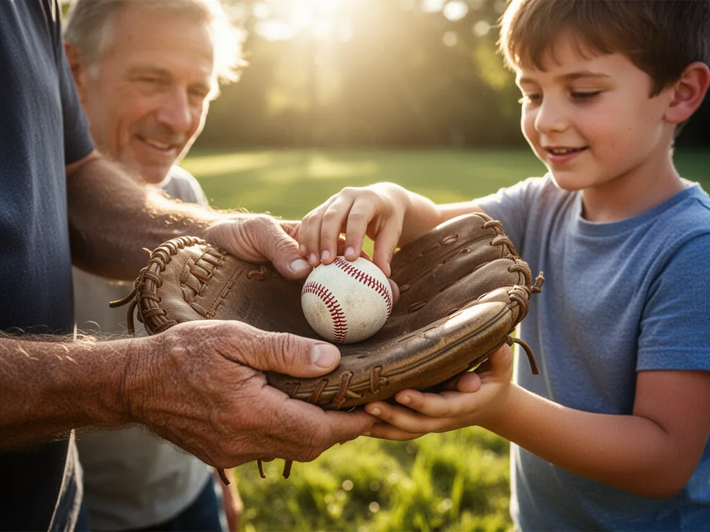 Father's hands holding baseball glove as son places ball inside during tender father-son moment