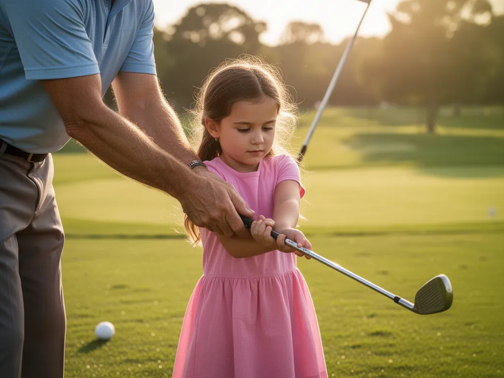 [Father teaching daughter proper golf swing grip on sunny course, showing family bonding moment]