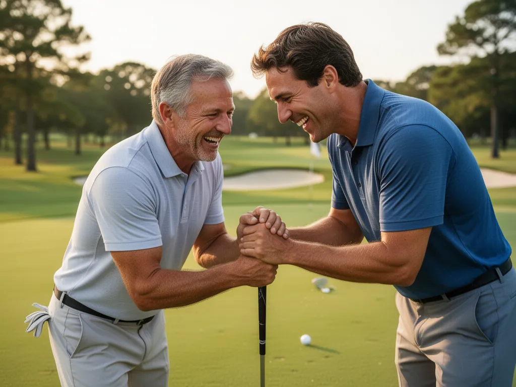 Father and son embrace on green after making winning putt, celebrating together at golf tournament