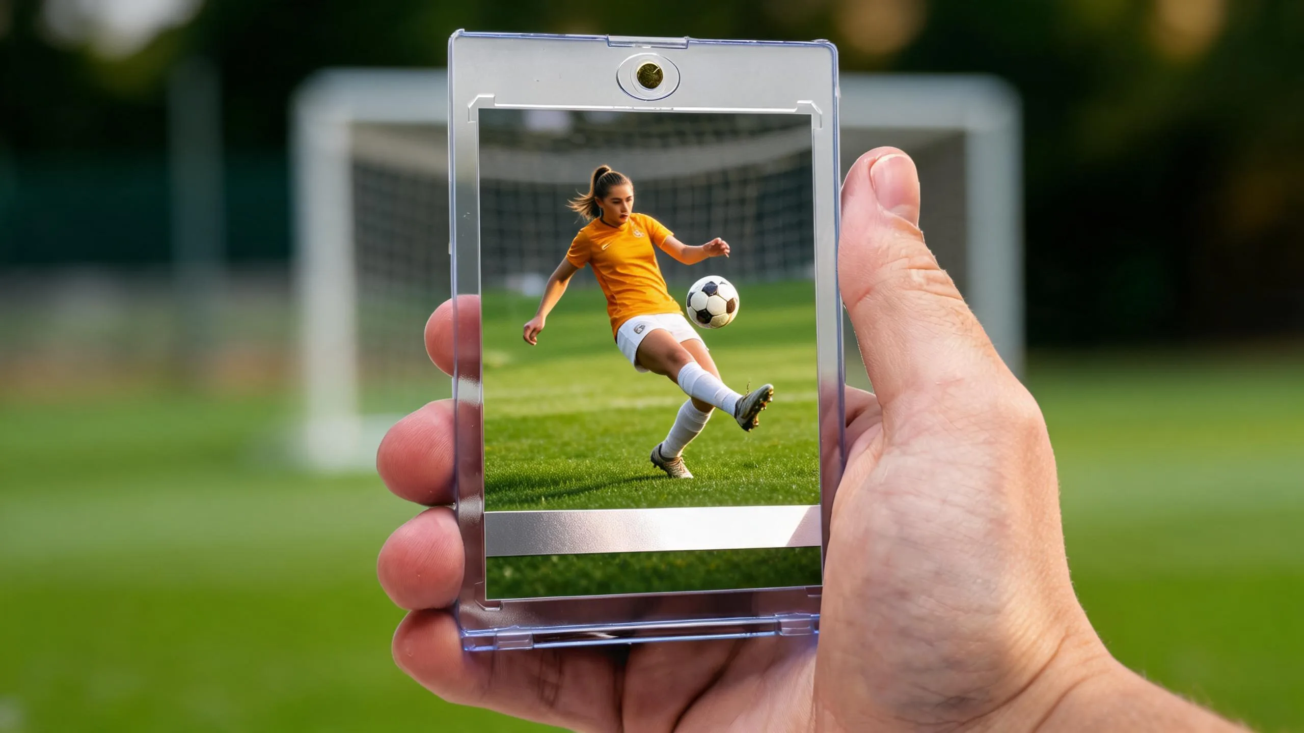 FC 25 card maker custom soccer card in magnetic case, golden-hour pitch background