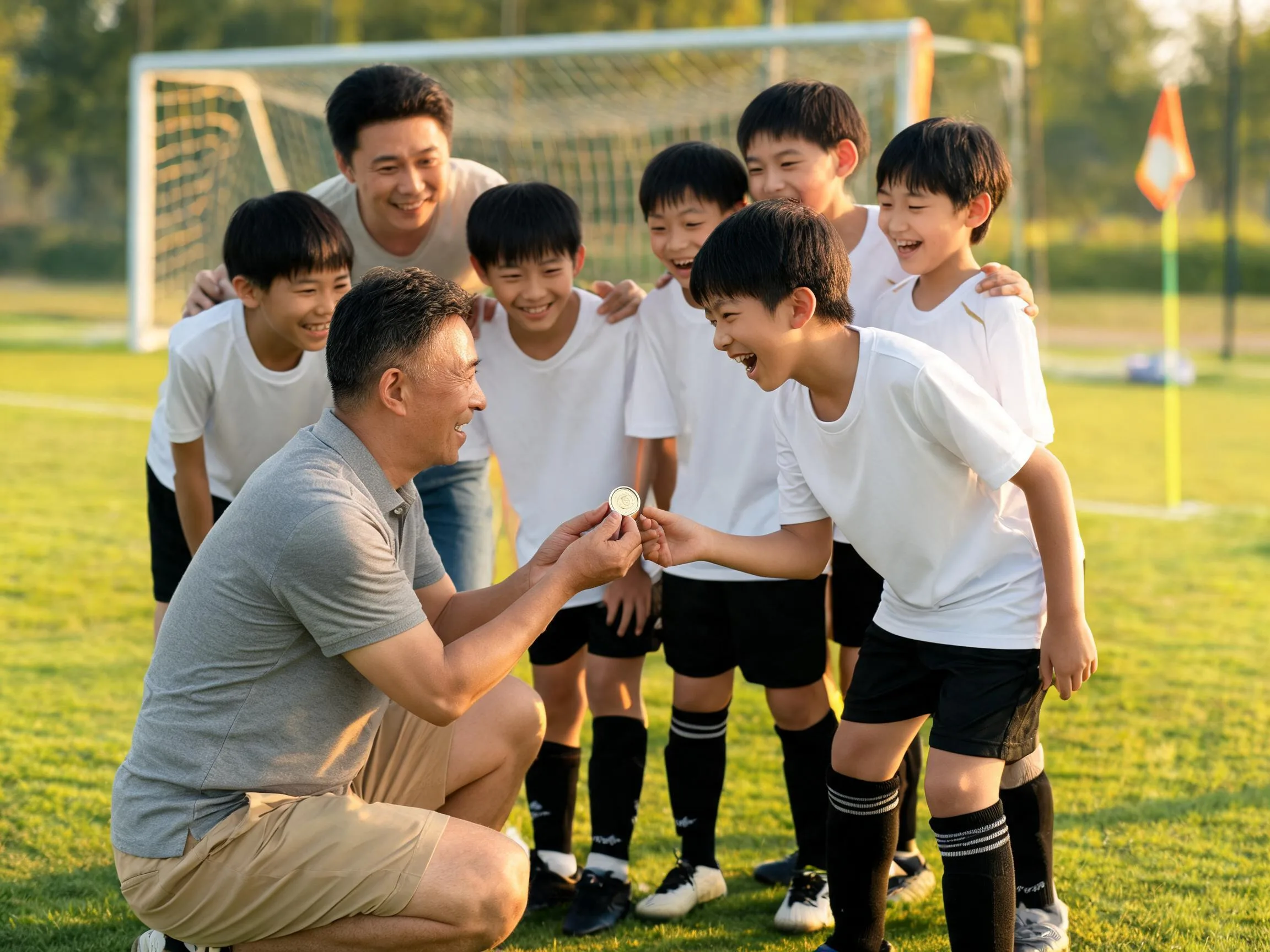 Coach and proud parent celebrate with young soccer player on sunny pitch