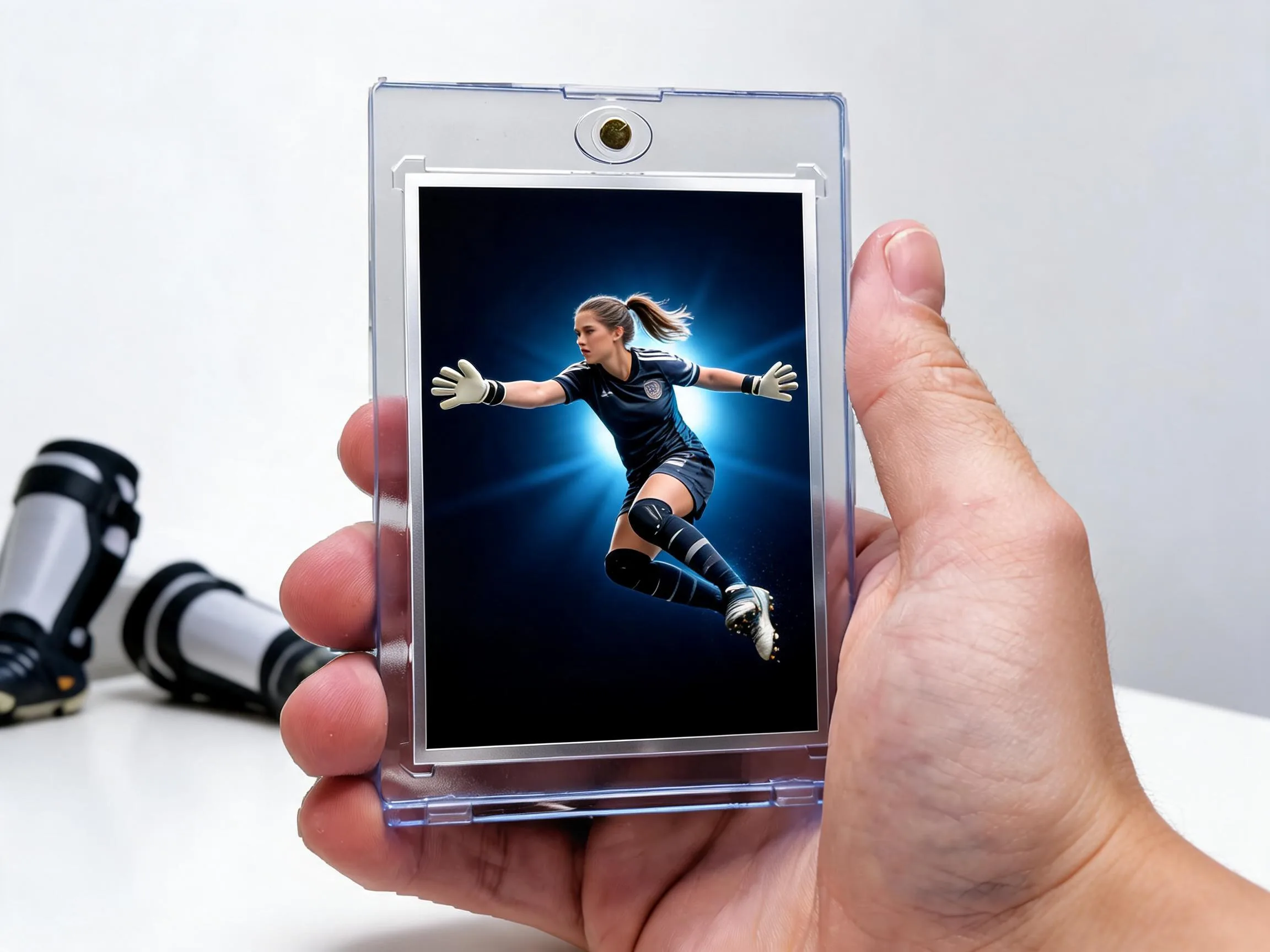 Custom soccer trading card in magnetic case with stadium-night goalkeeper design