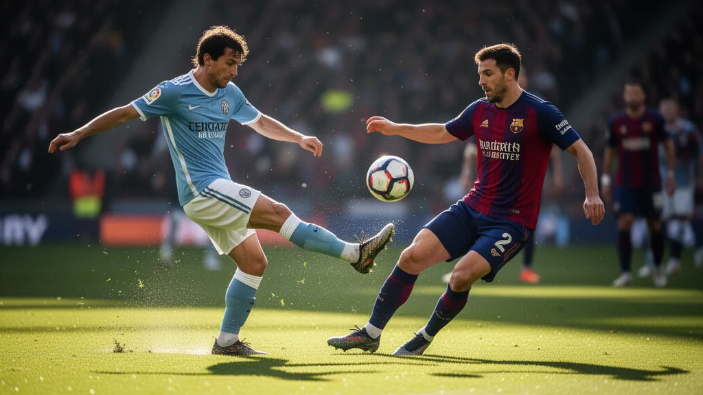 Soccer players in dynamic mid-match action with ball in flight during competitive play outdoors