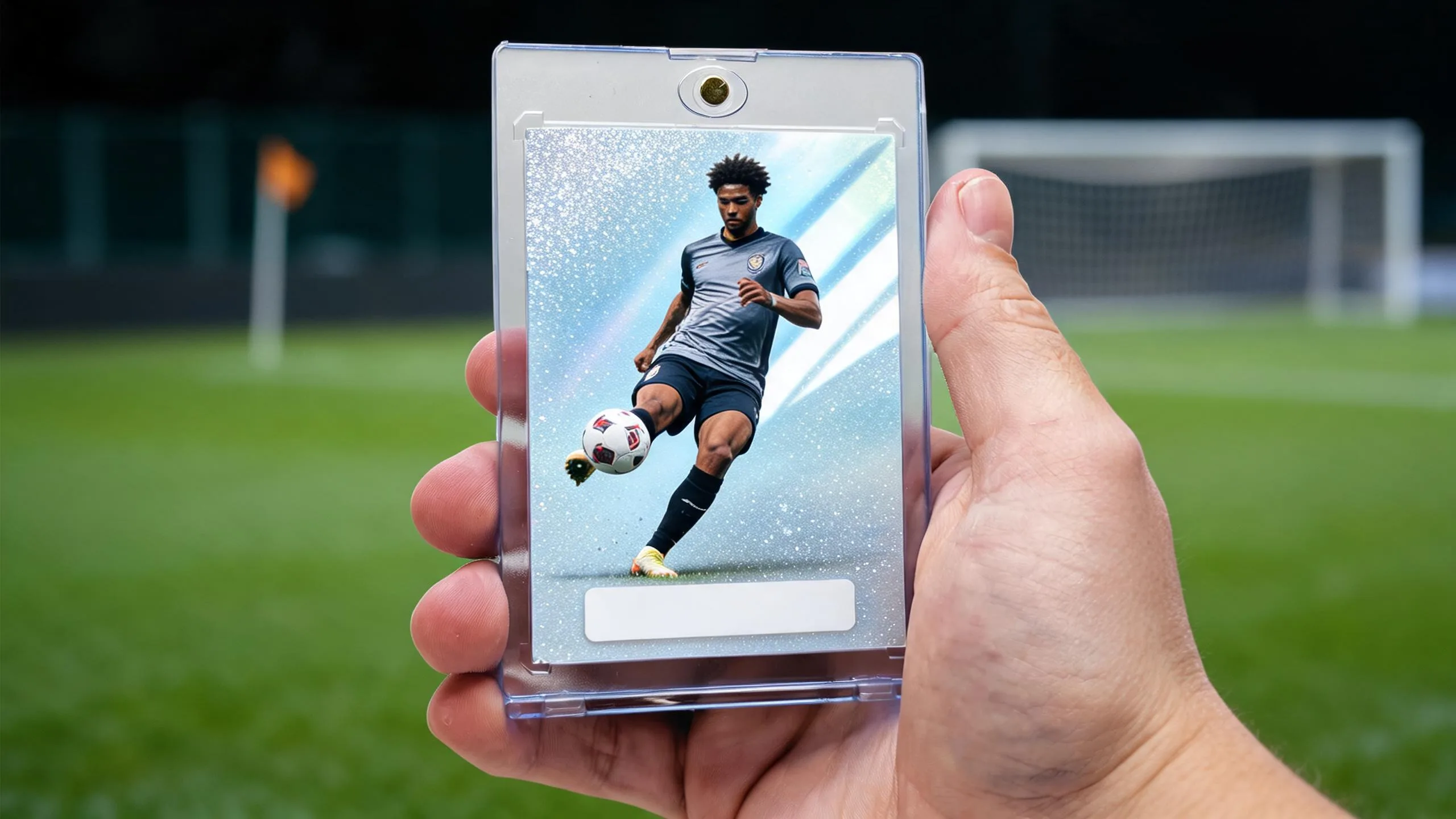 Hand holding fc card creator soccer card in magnetic case, icy blue refractor design.