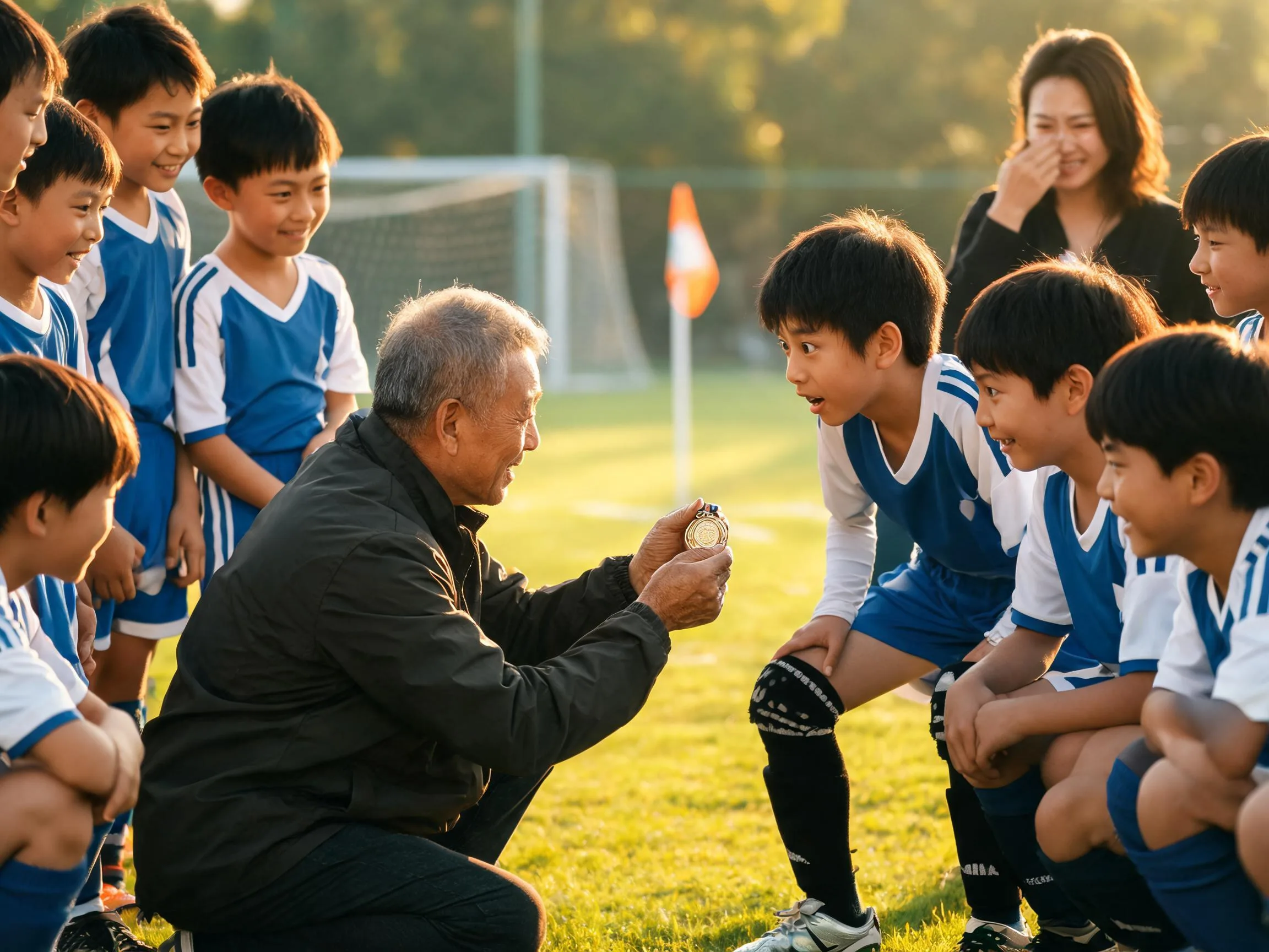 Coach and young soccer player share emotional moment on sunlit field with teammates.