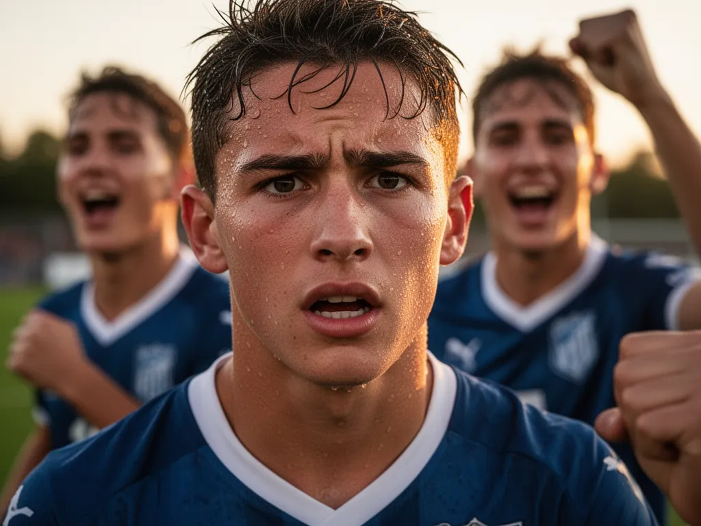 Young soccer player's concentrated face during match with emotional intensity and determination visible