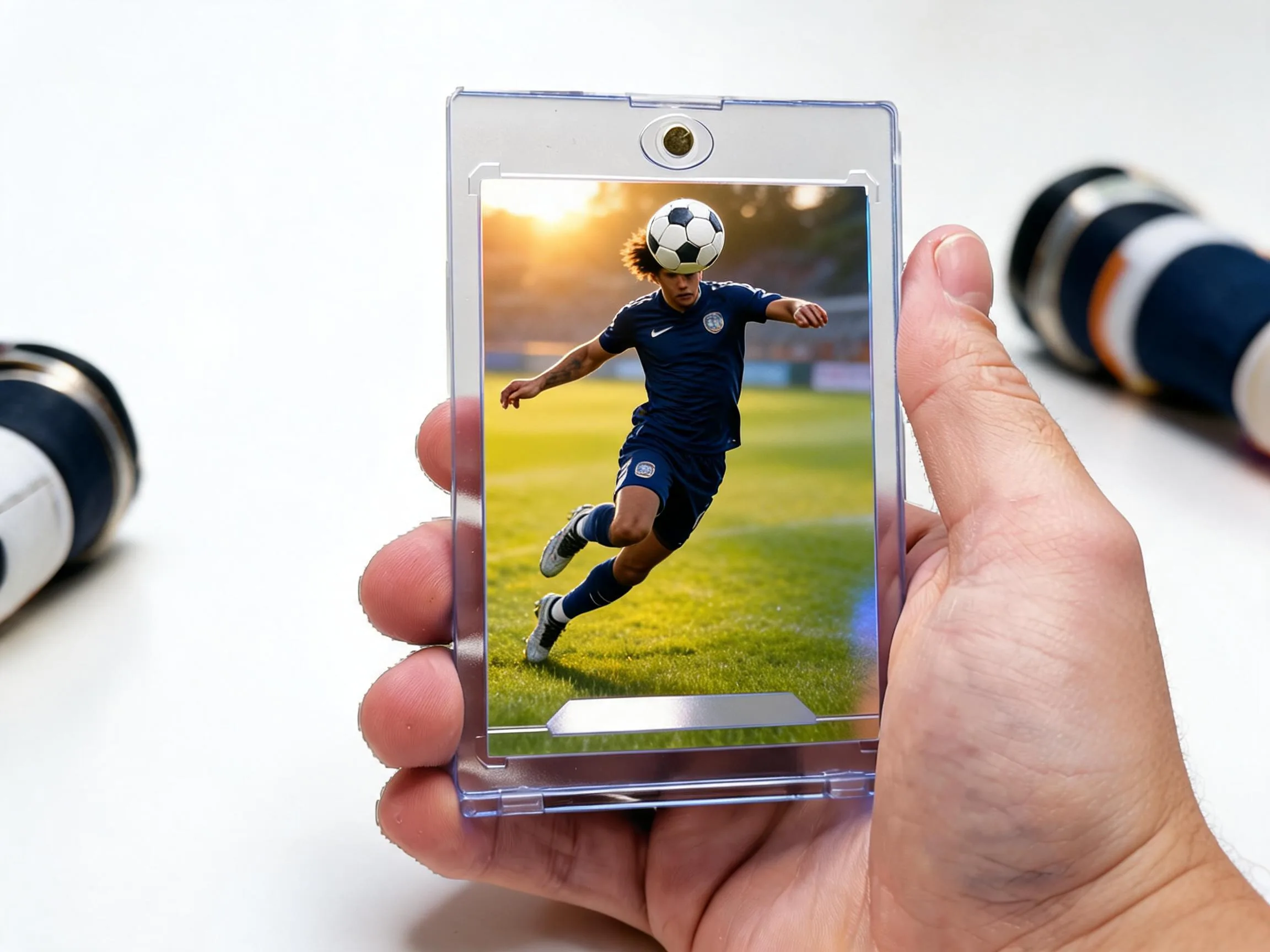 Custom soccer trading card in magnetic case showing full-bleed golden-hour action photo.