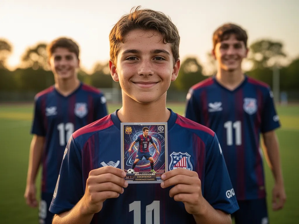 Young soccer player proudly displaying personalized sports card with teammate in background