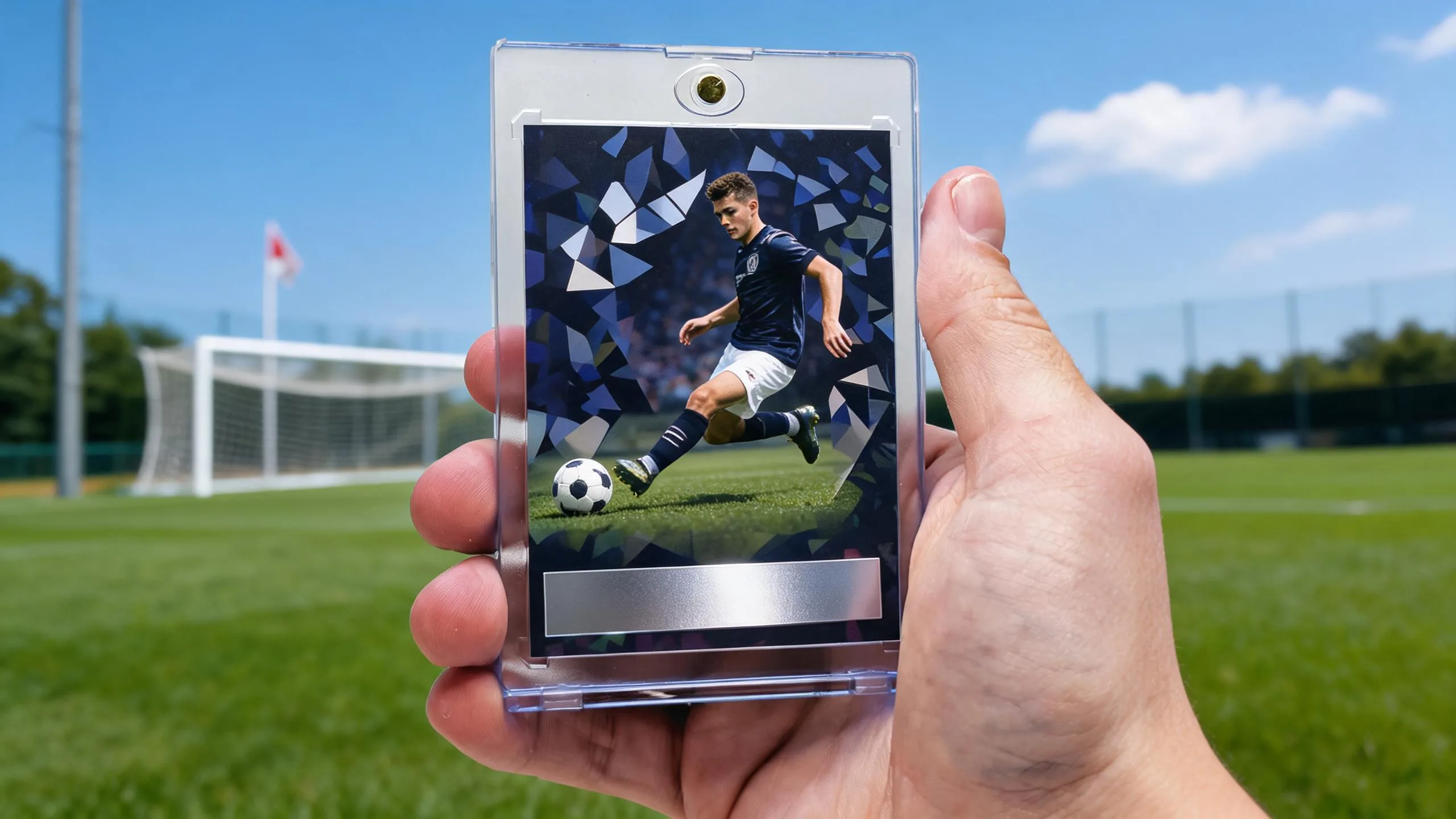 Hand holding fc mobile card builder magnetic case with chrome soccer player card, sunny pitch background