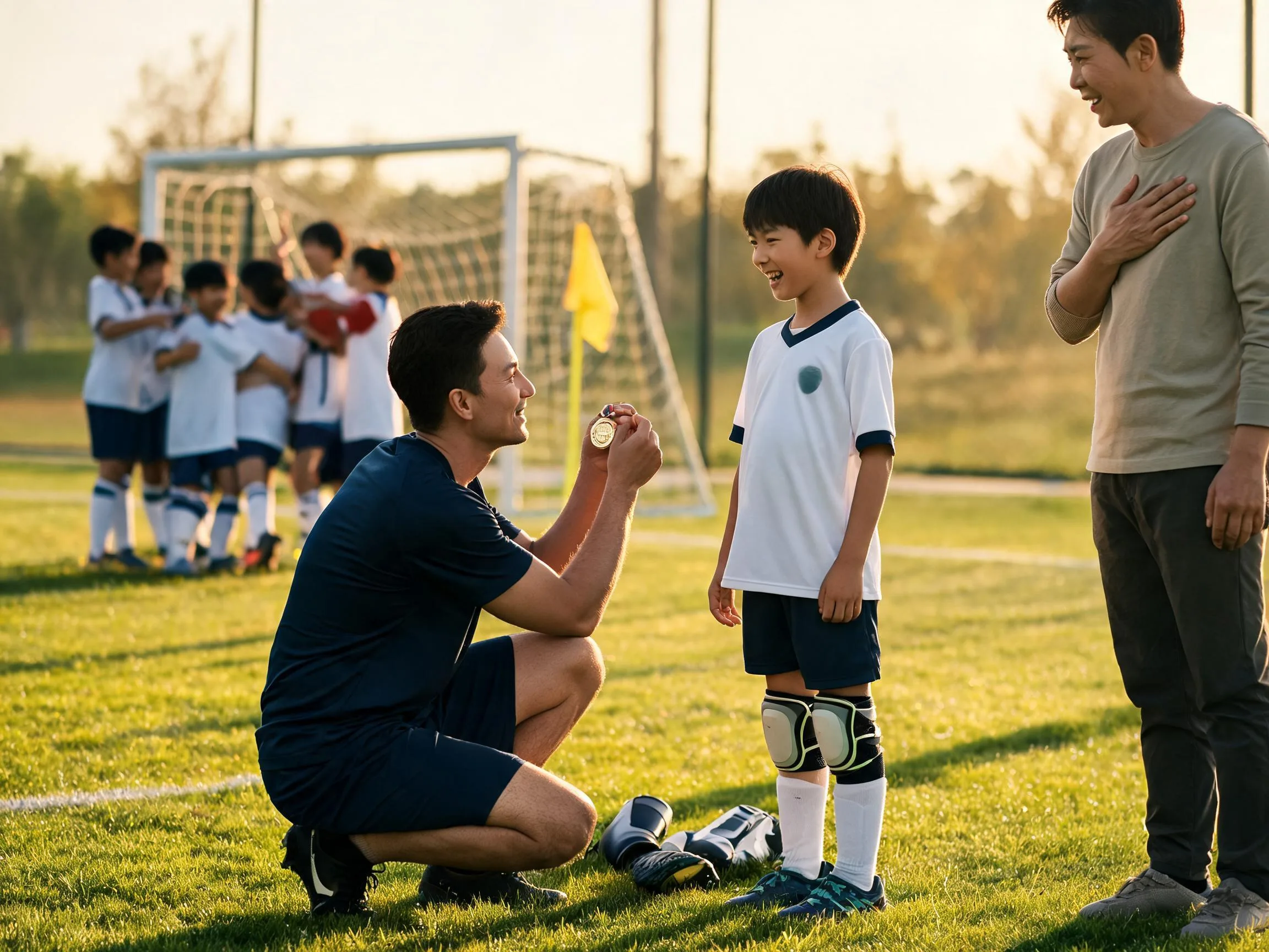 Coach and proud parent share emotional moment with young soccer player on sunny field