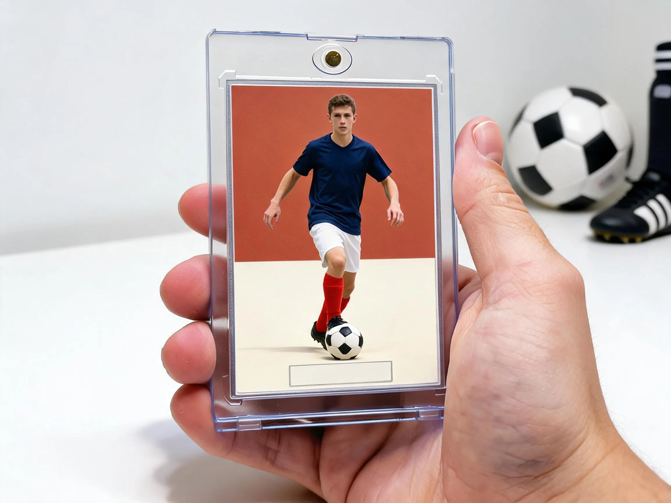 Custom soccer trading card in magnetic case standing on white tabletop with shin guard