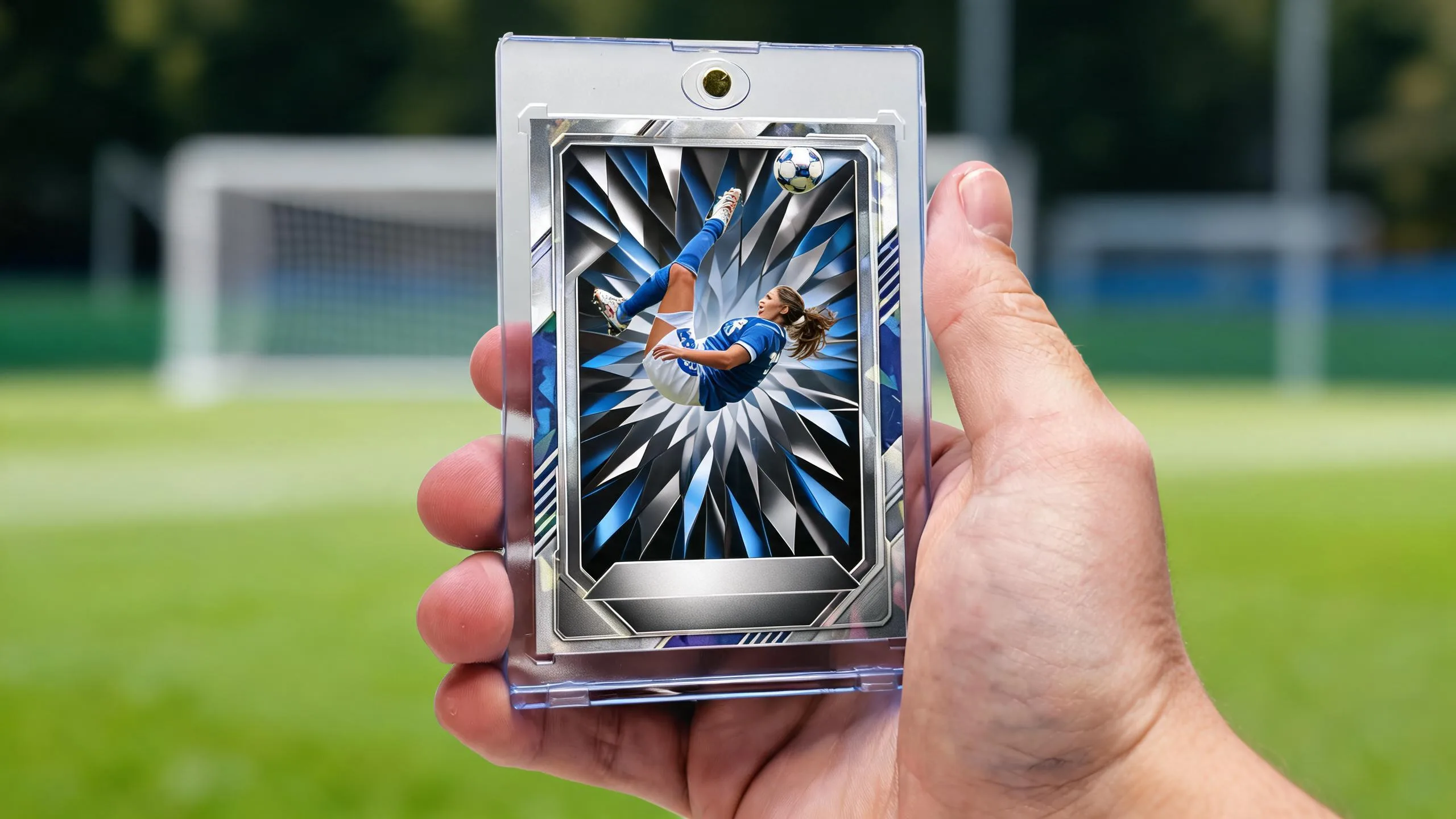Hand holding fc mobile card creator free soccer card in magnetic case, dark chrome design