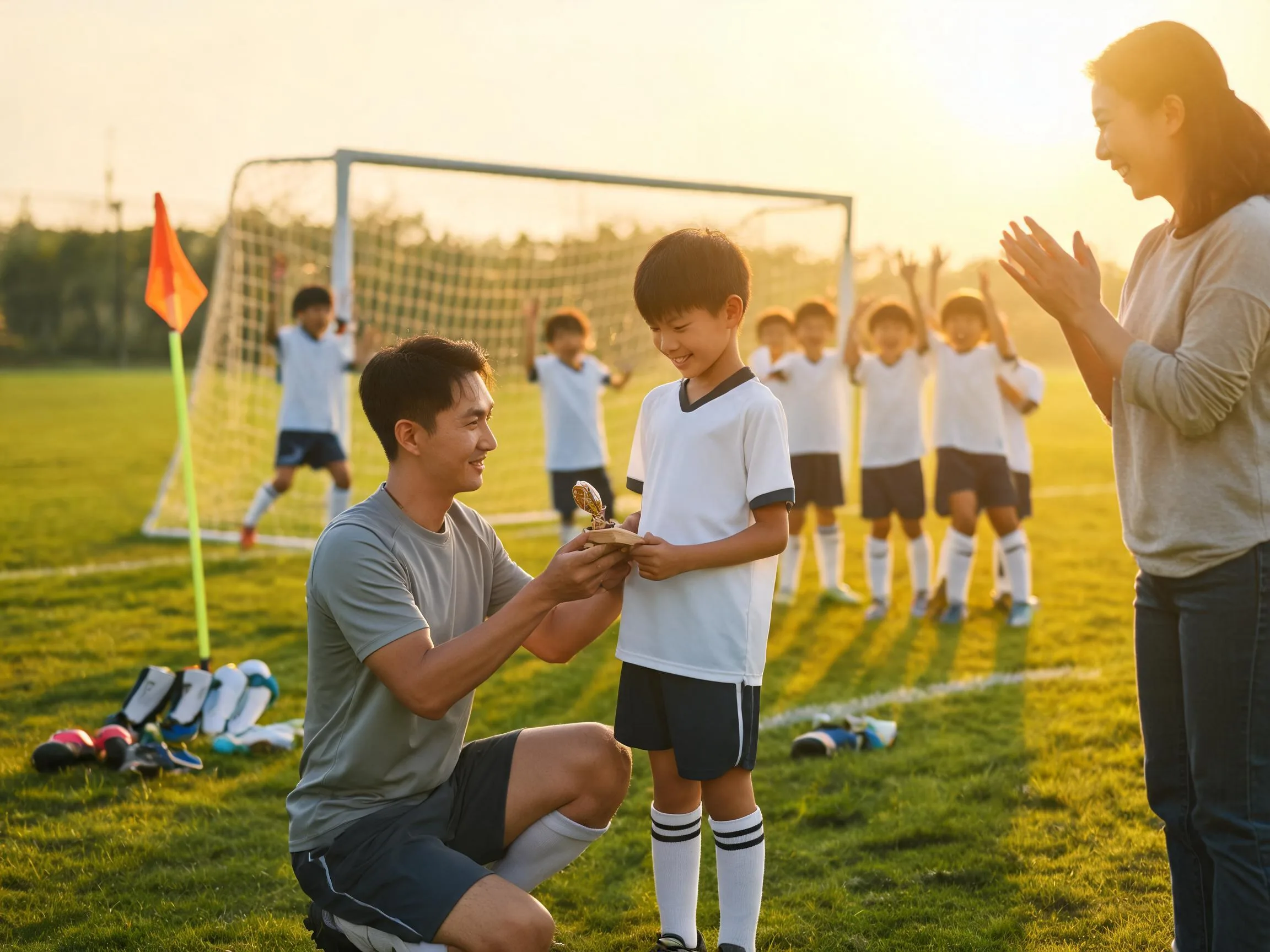 Coach and young soccer player share proud emotional moment on sunny pitch
