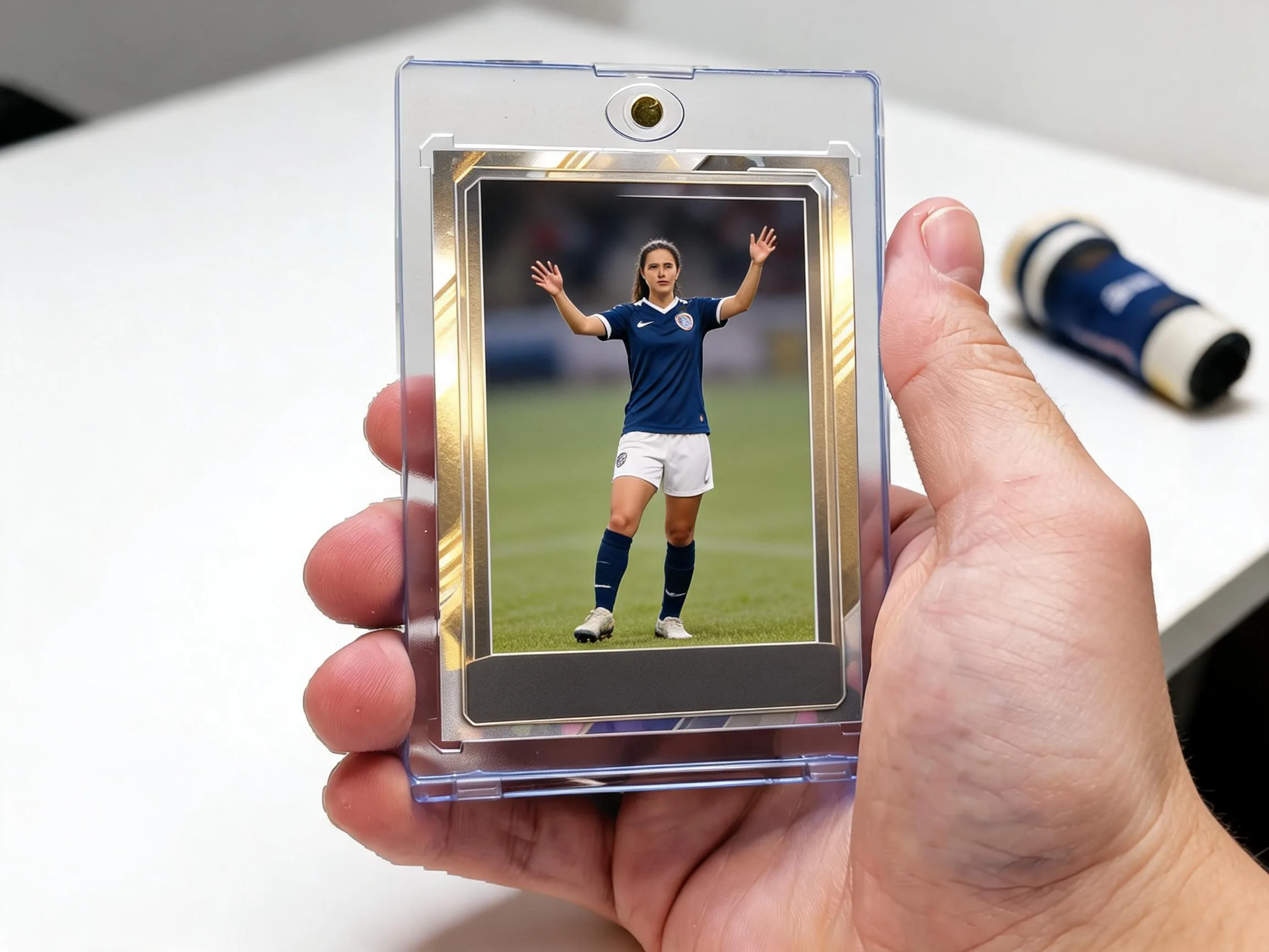 Custom soccer trading card in magnetic case with brushed-gold rating card design