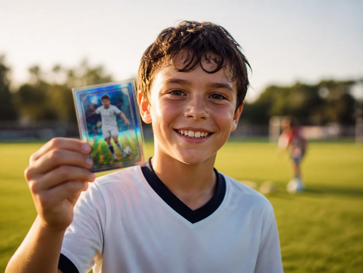 Young soccer player holding a custom soccer trading card