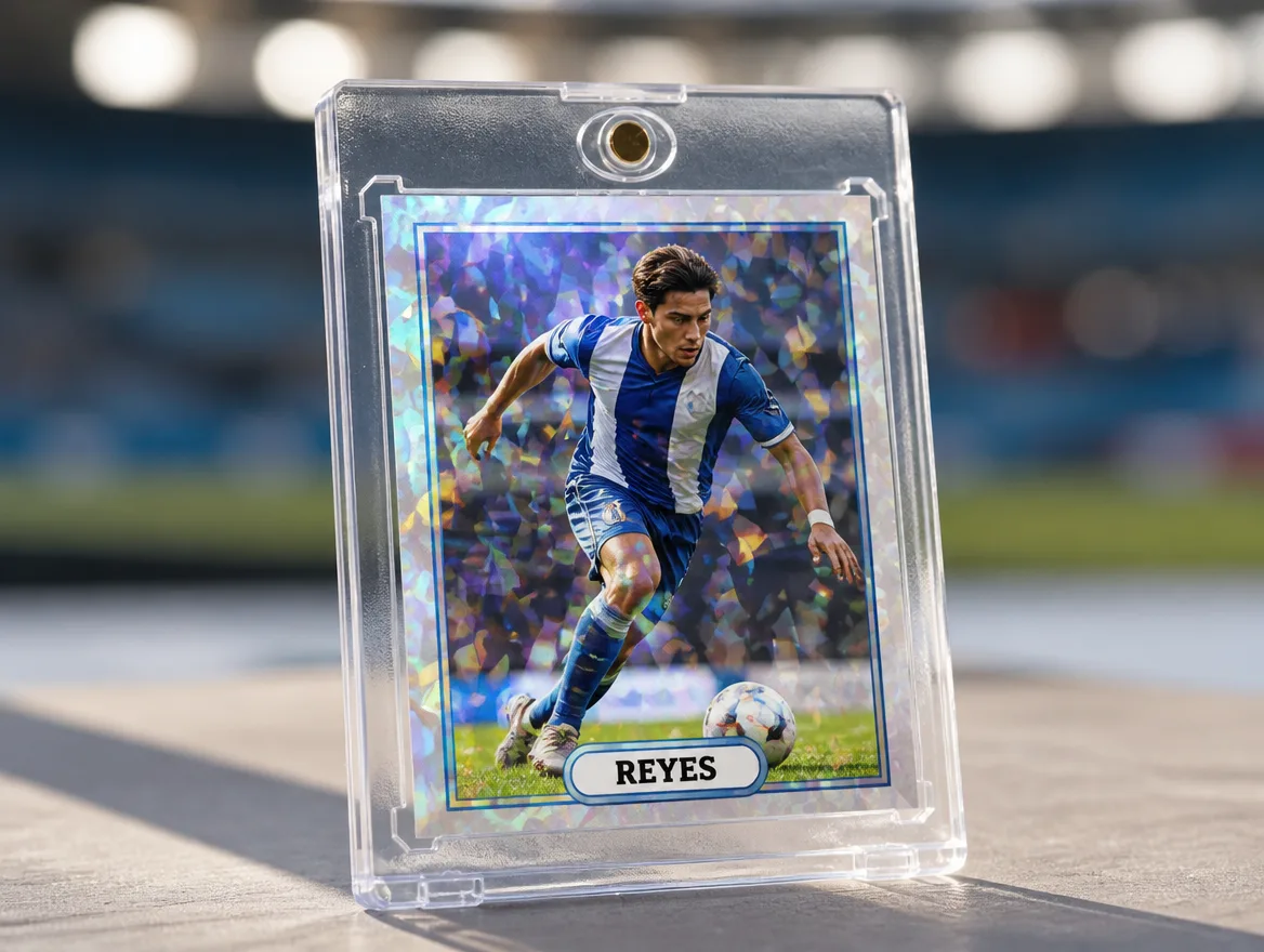Custom soccer trading card displayed in a magnetic case