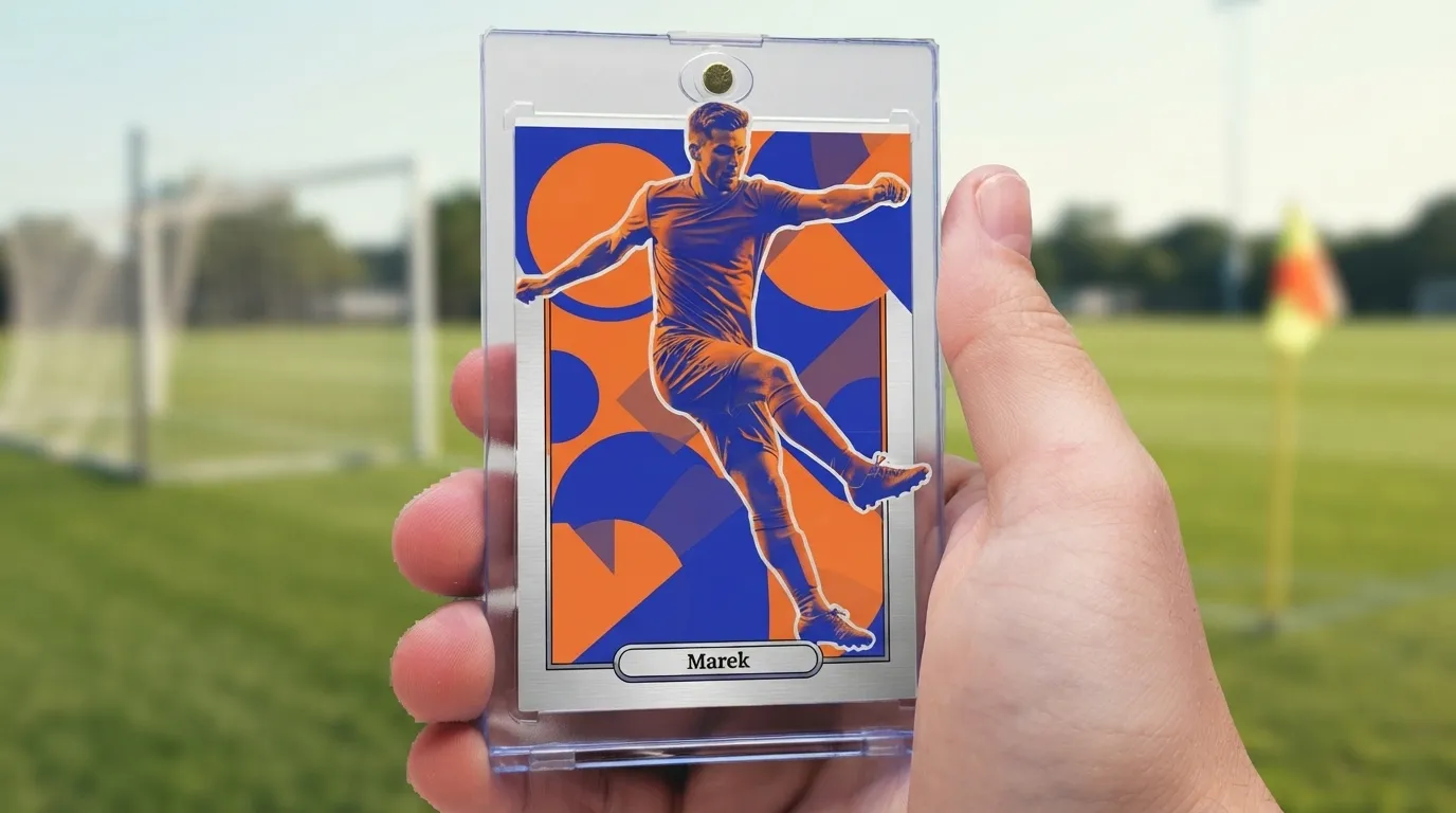 Hand holding magnetic case with duotone blue-orange fc mobile card design featuring cut-out midfielder.
