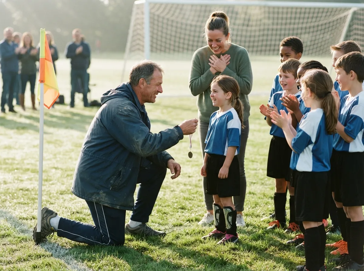 Coach and cheering teammates celebrate with young soccer player as proud parent watches emotionally.