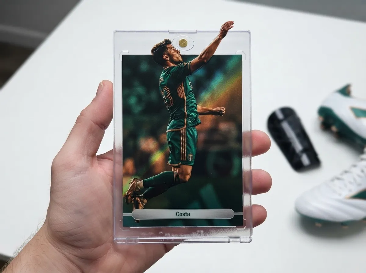 Custom soccer trading card in magnetic case with chrome full-bleed striker action photo.