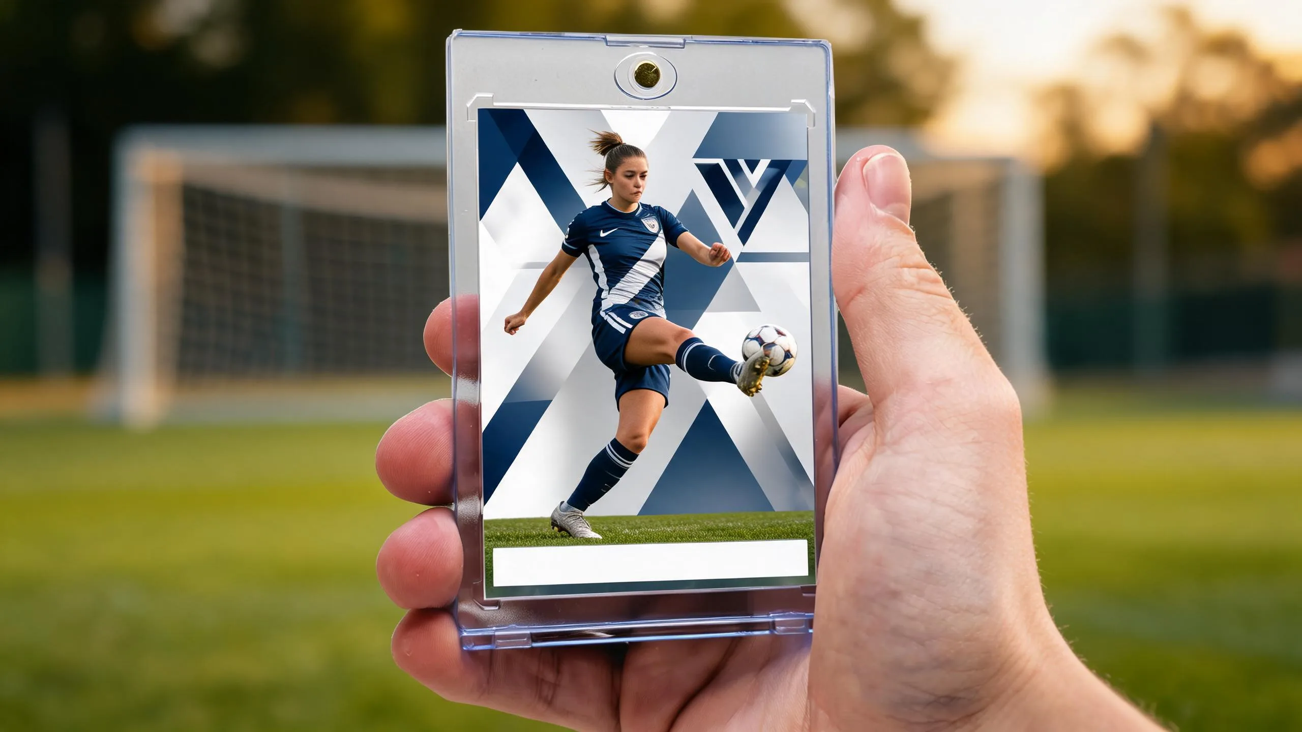 Hand holding magnetic case with dark chrome soccer card, fc mobile card editor design preview