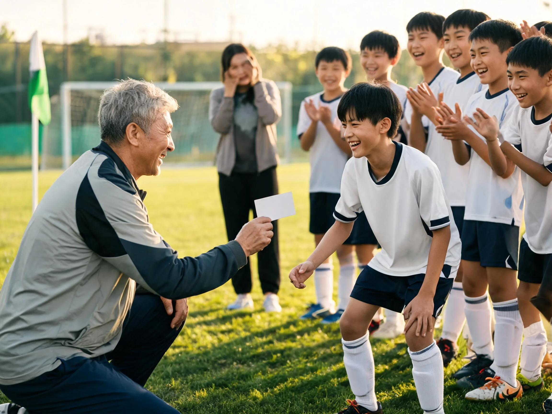 Coach and teammates celebrate with young soccer player on sunlit field after game