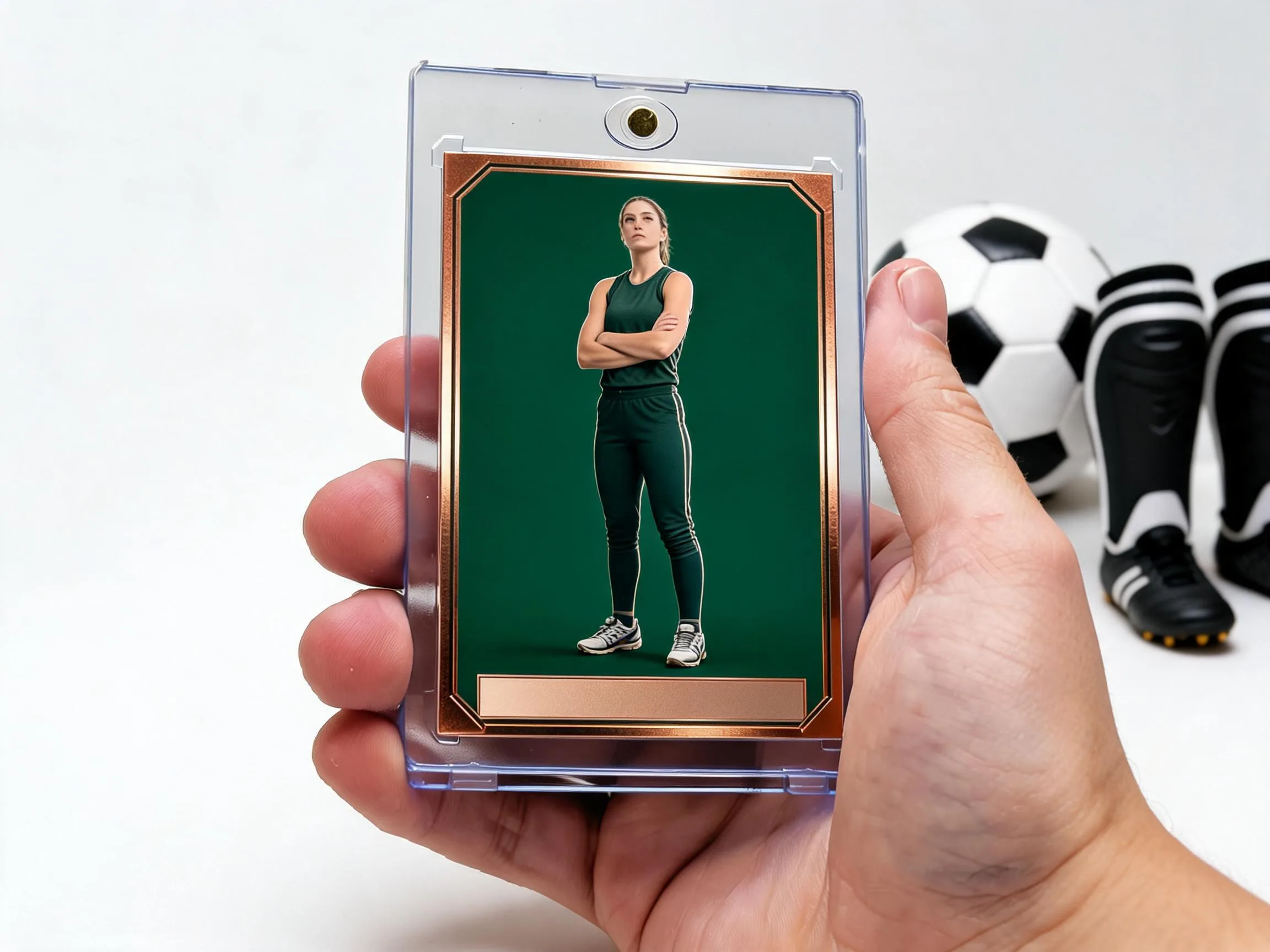 Custom soccer trading card in clear magnetic case with emerald copper geometric frame