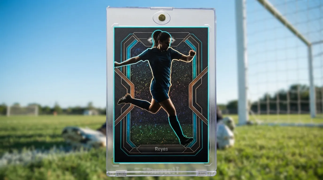 Hand holding magnetic case with fc mobile card generator soccer card, dramatic rim-lit night design.