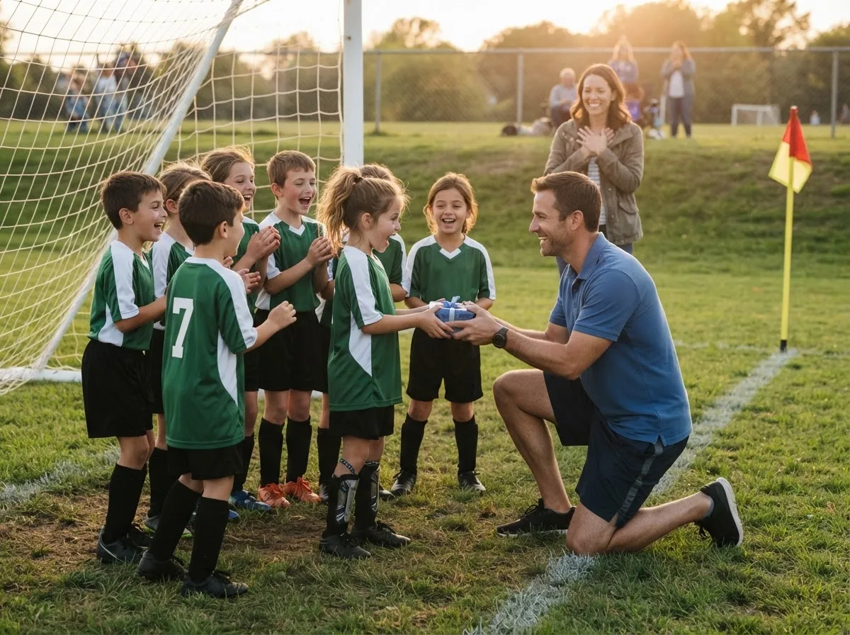 Coach and teammates celebrate with young soccer player near goal as parent watches proudly.