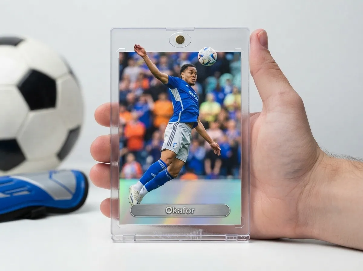 Custom soccer trading card in magnetic case showing chrome full-bleed striker action photo.