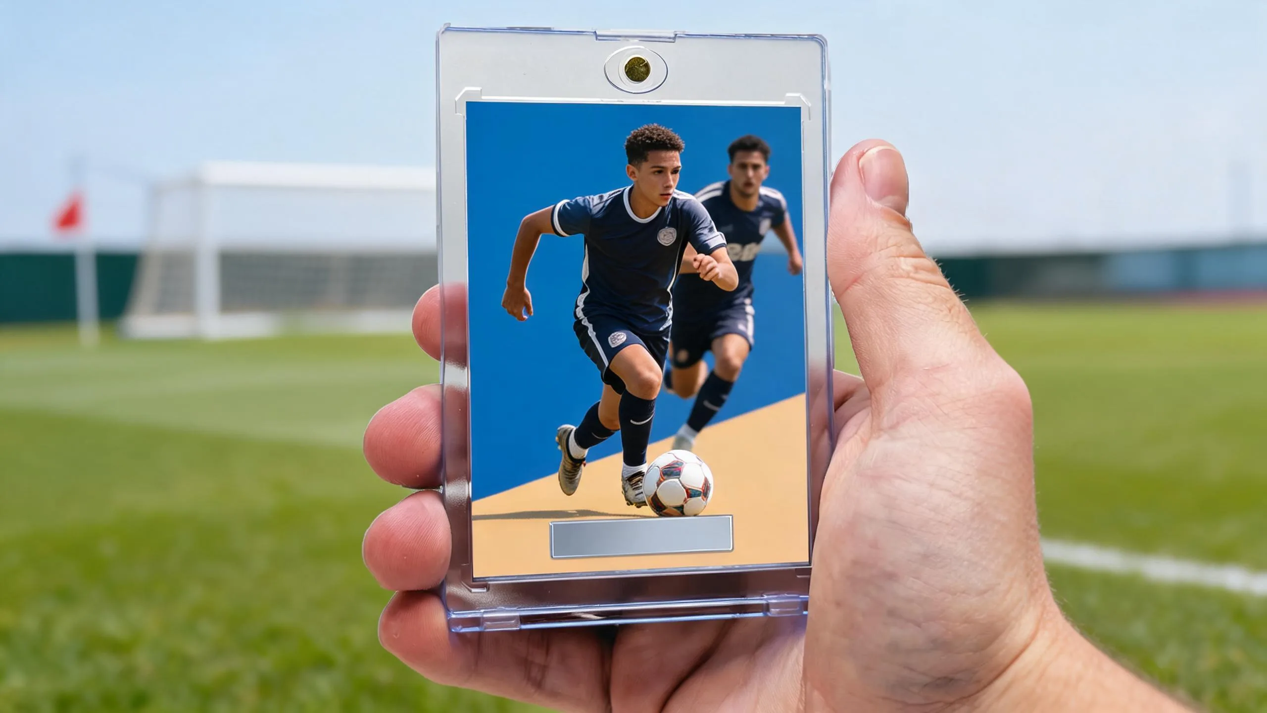 Hand holding fc mobile card maker app custom soccer card in clear magnetic case outdoors