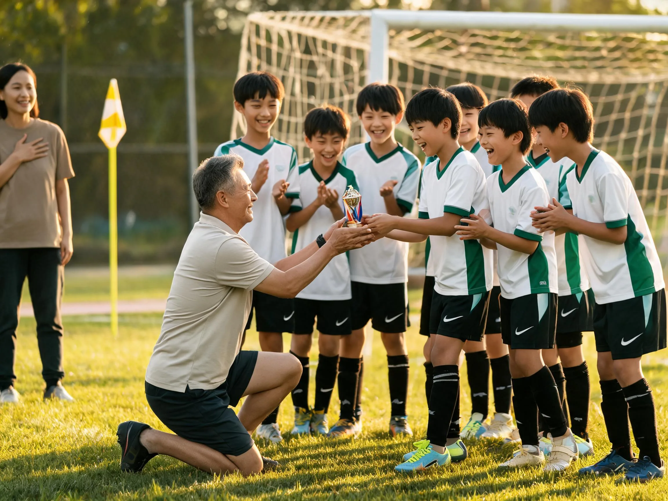 Coach and young soccer player share proud celebration moment on sunny pitch