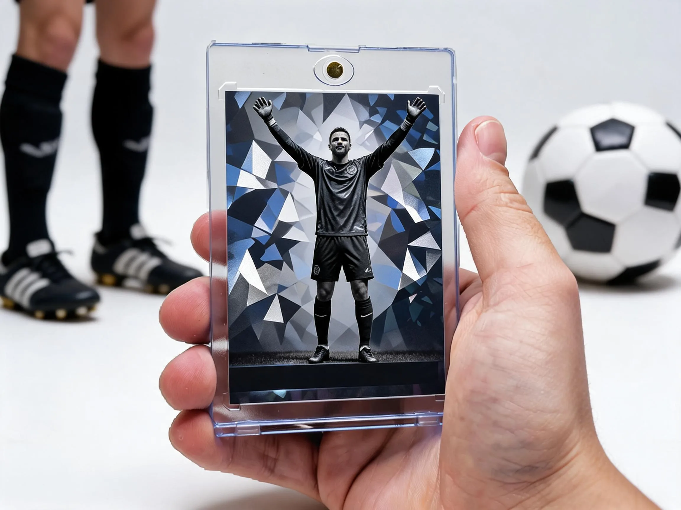 Custom soccer trading card in magnetic case standing on white tabletop display