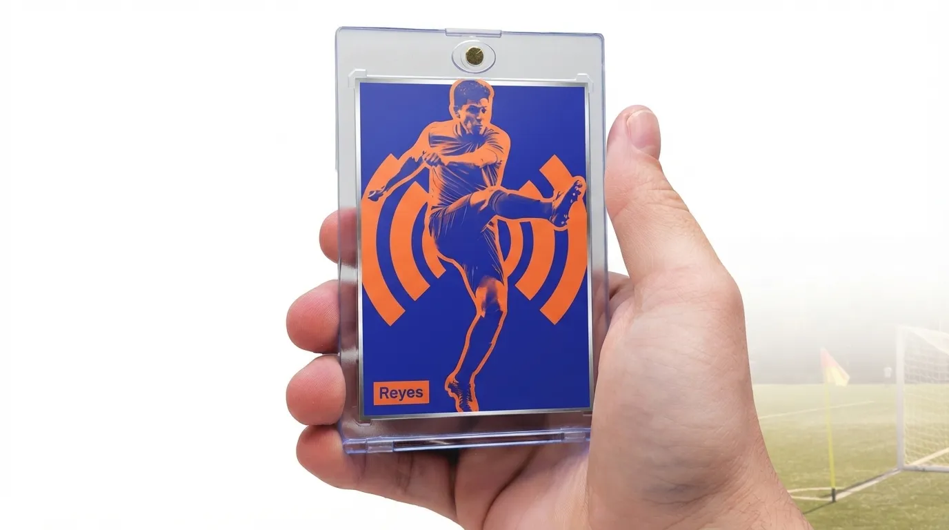 Hand holding fc mobile card template soccer card in magnetic case, duotone striker design.