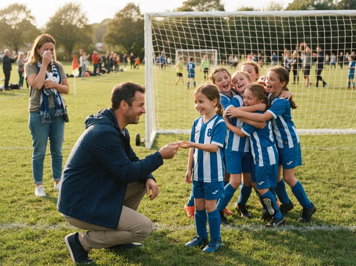 Coach and young soccer player share proud emotional moment near goal net after match.