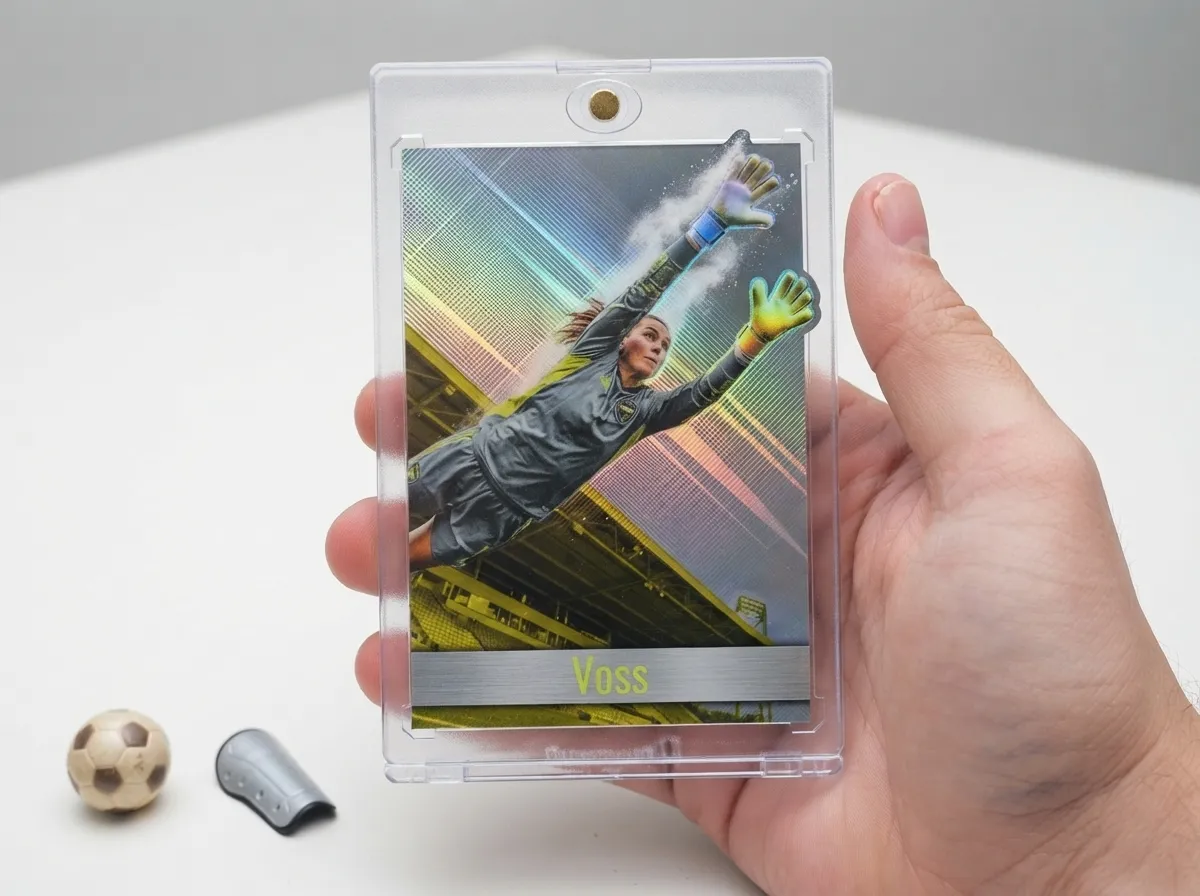 Custom soccer trading card in magnetic case showing chrome goalkeeper diving save design.