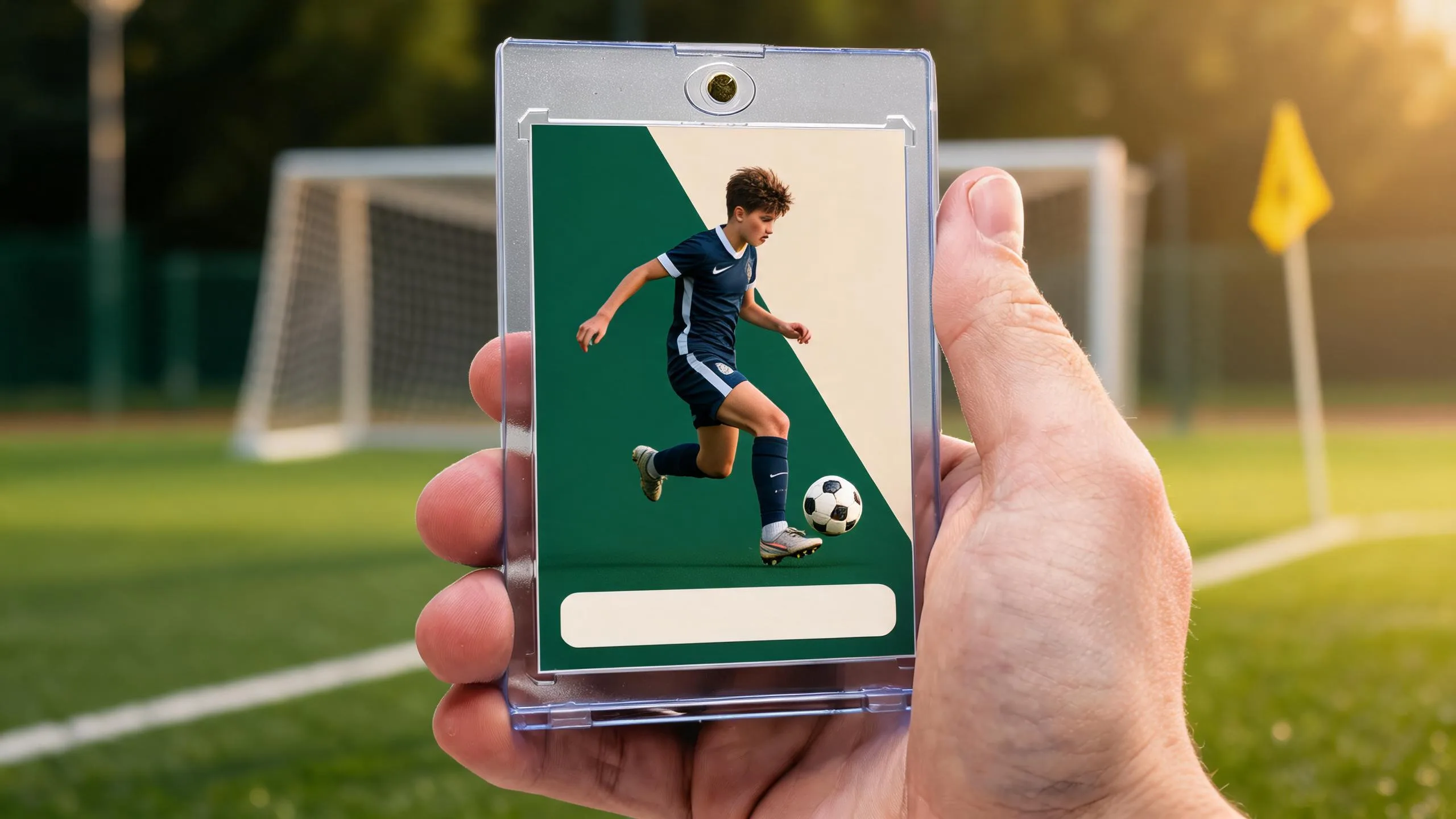 Hand holding fc mobile cards in real life magnetic case with soccer player card at golden hour.