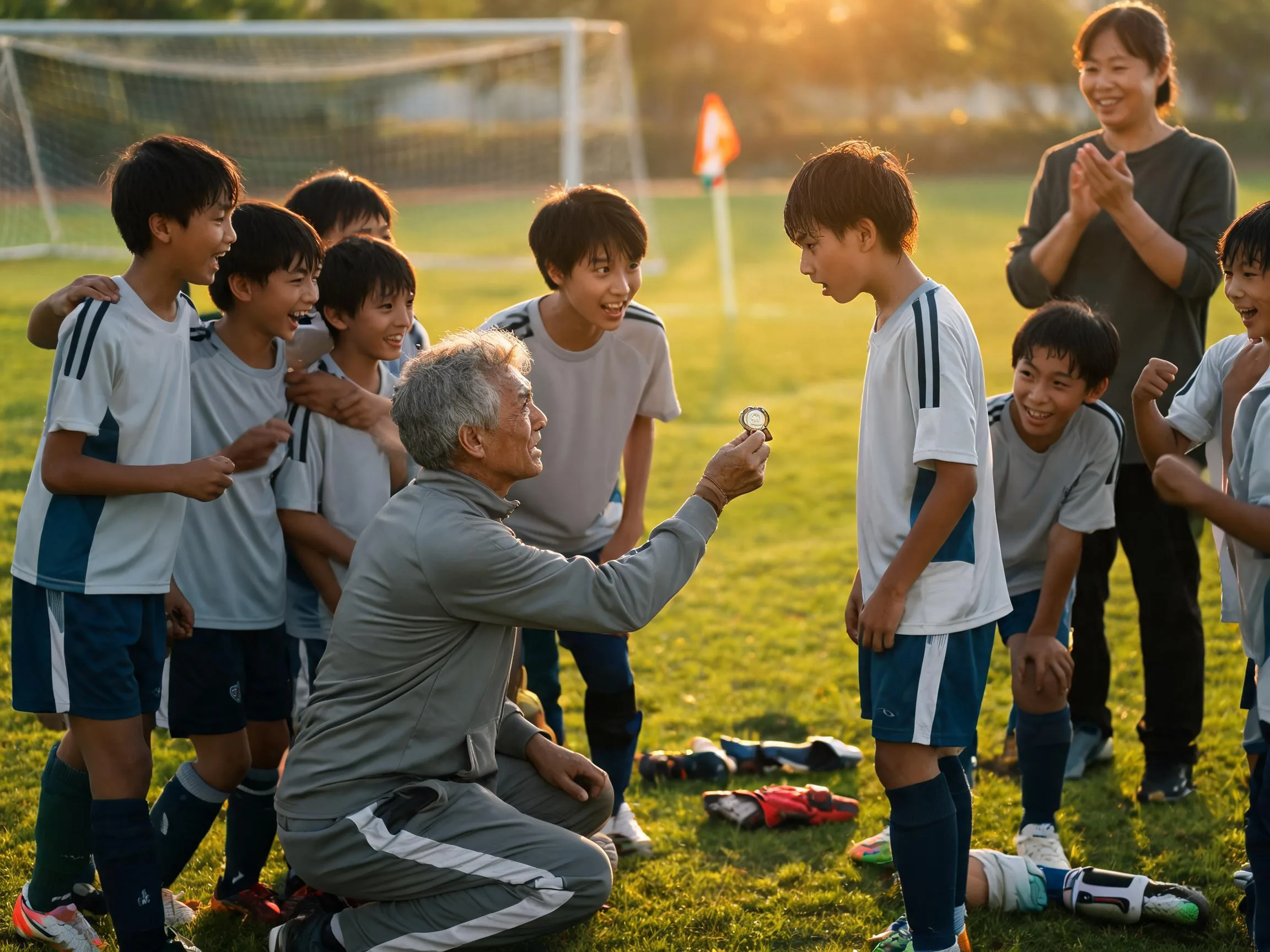 Coach and cheering teammates celebrate with young athlete on sunlit soccer field.