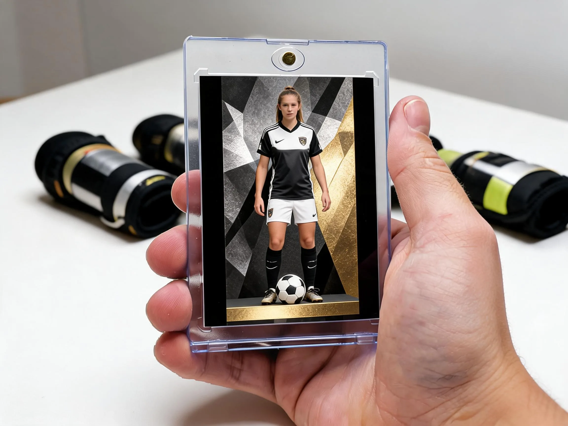 Custom soccer trading card in magnetic case with gold angular metallic design.